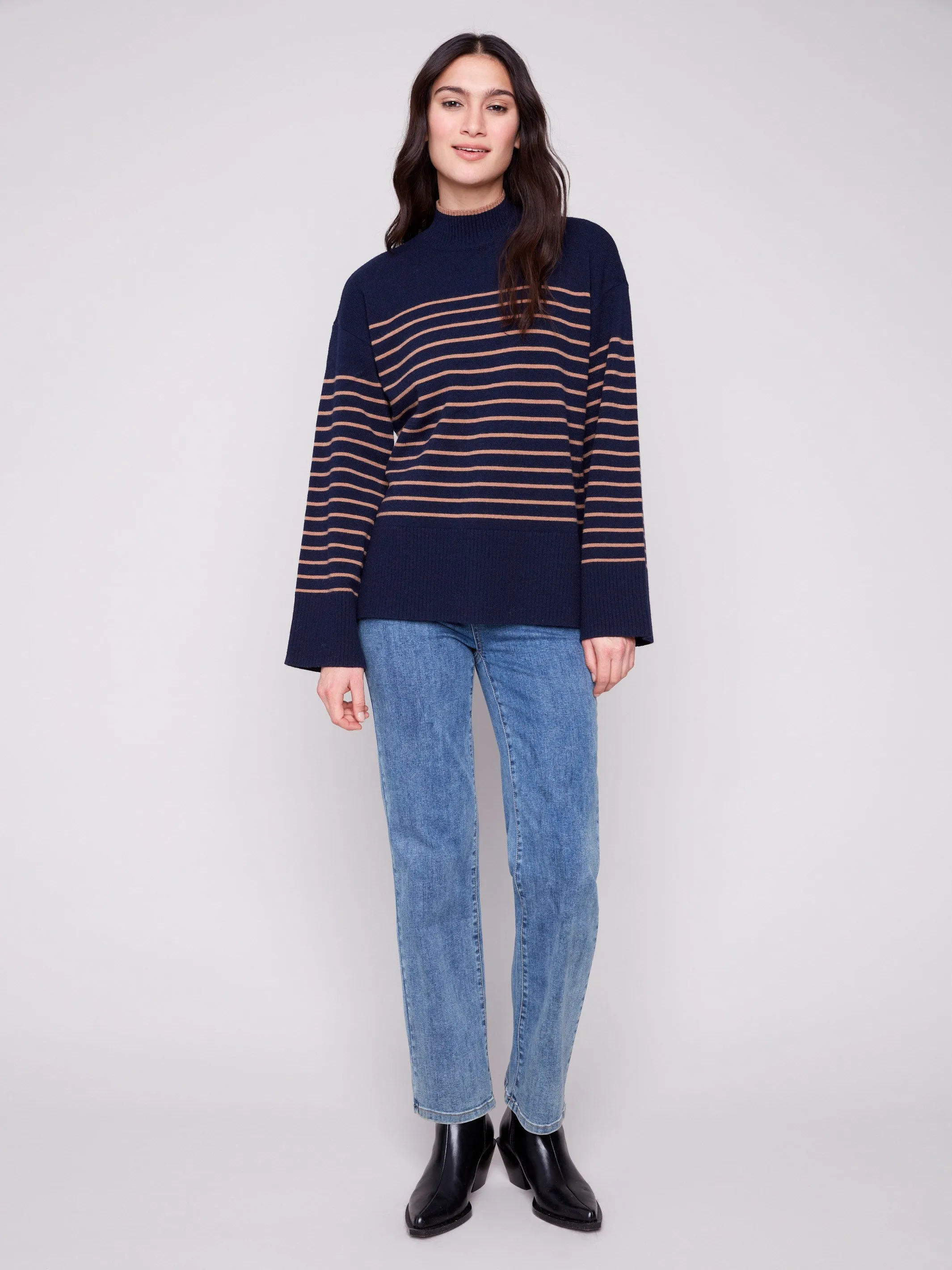Yarn Dye Striped Mock Neck Sweater - Navy sold by Charlie B product image thumbnail 2