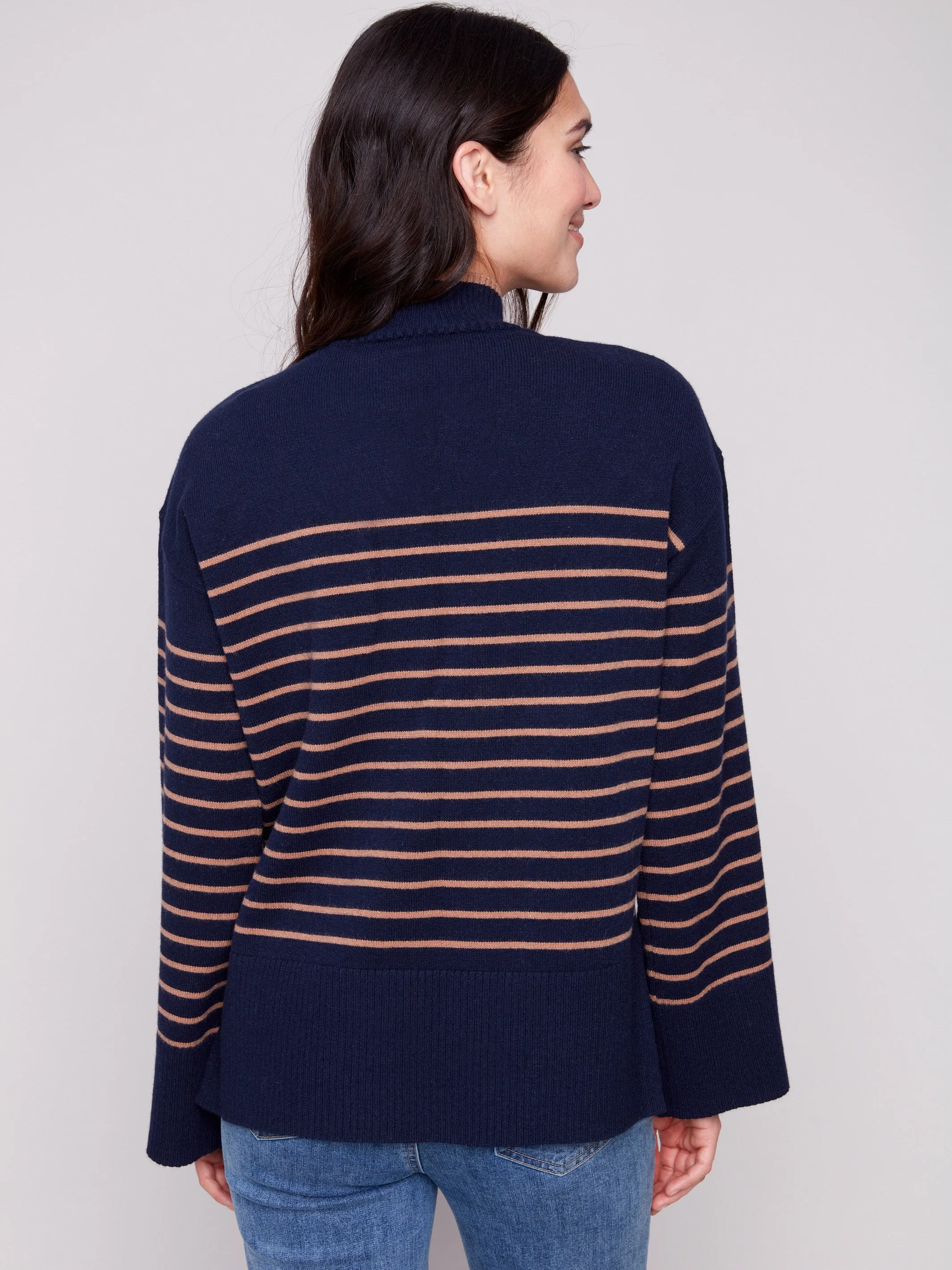 Yarn Dye Striped Mock Neck Sweater - Navy sold by Charlie B product image thumbnail 3