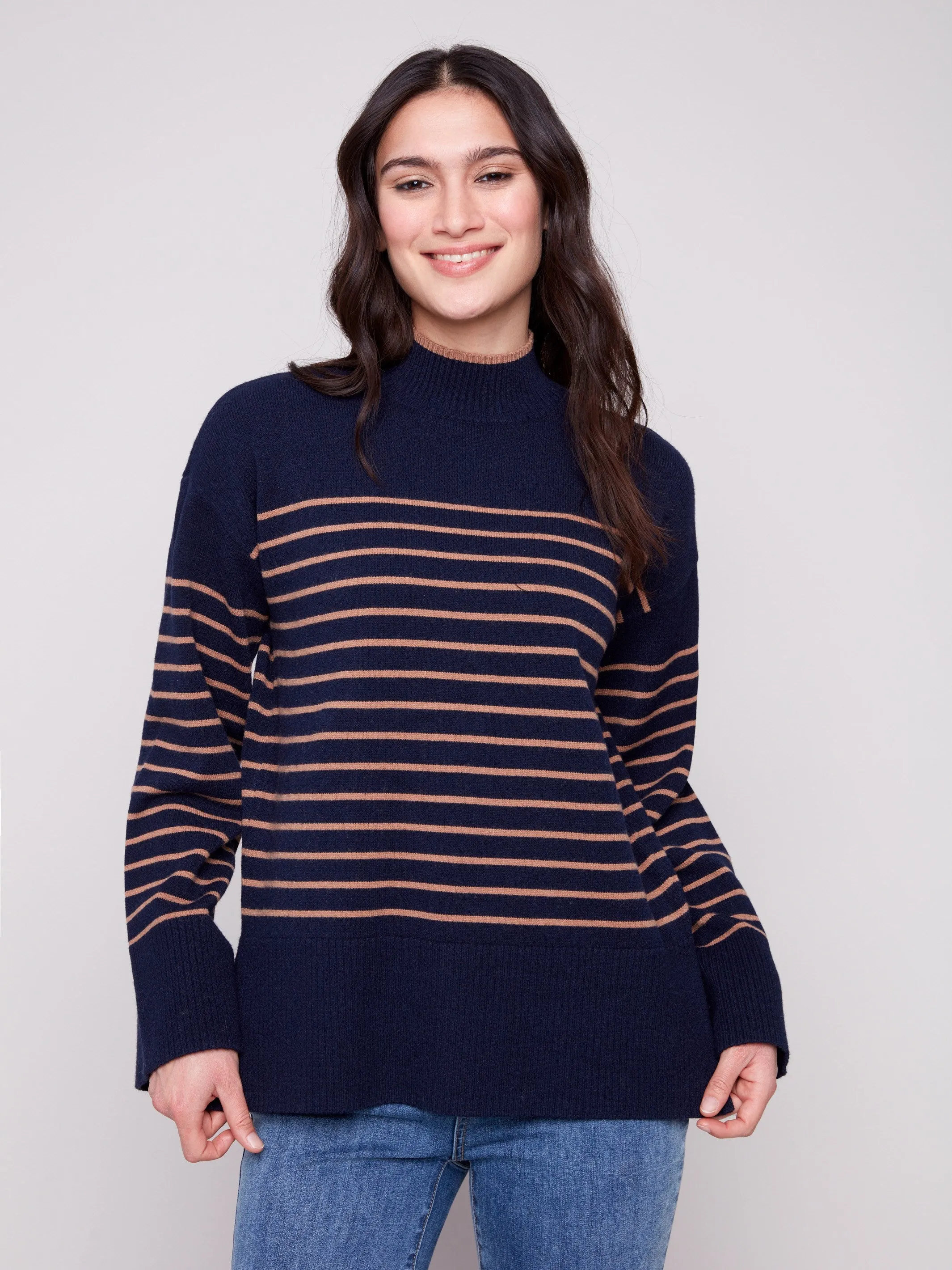Yarn Dye Striped Mock Neck Sweater - Navy sold by Charlie B