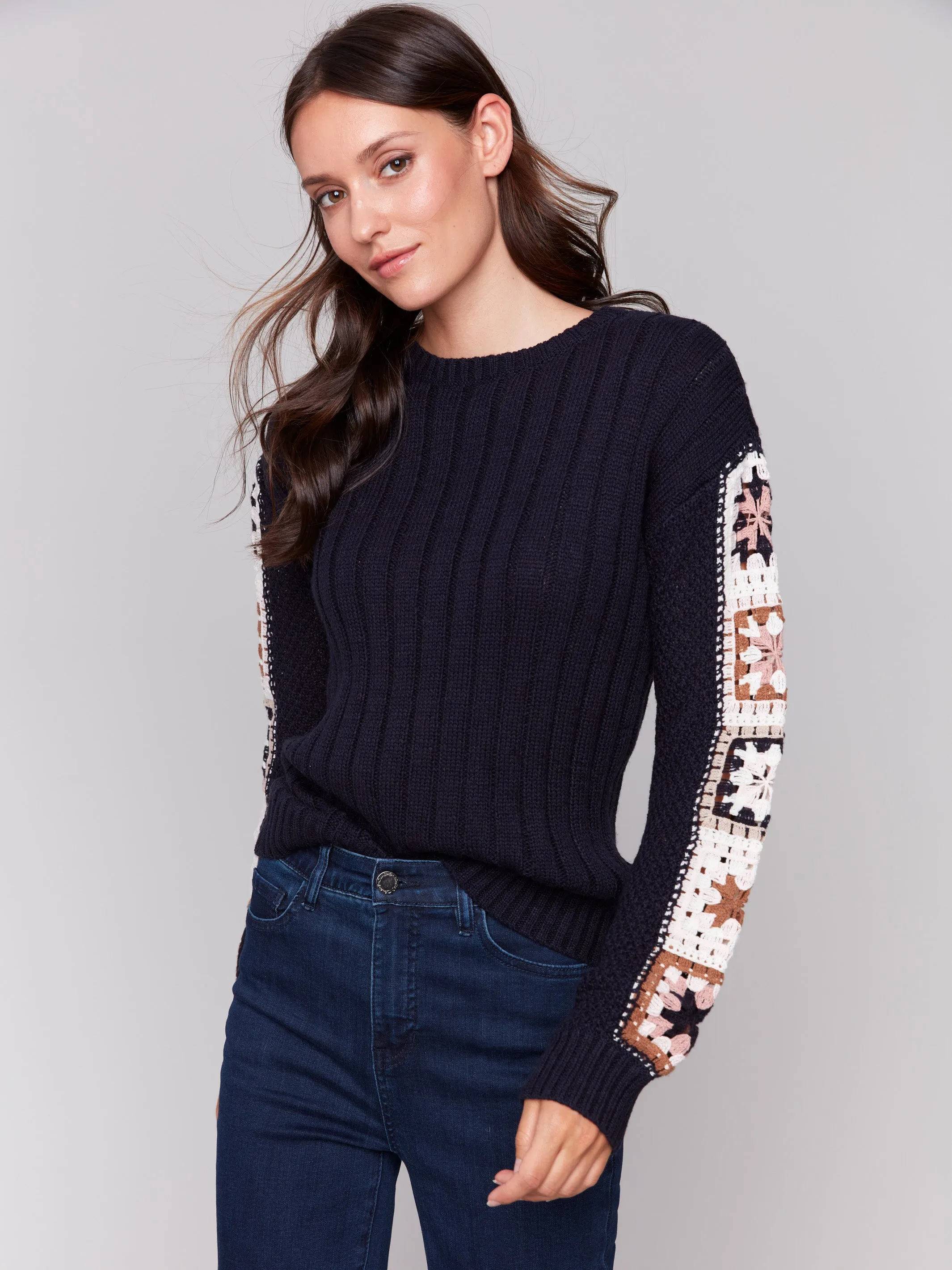 Sweater With Crochet Sleeves - Navy sold by Charlie B product image thumbnail 4