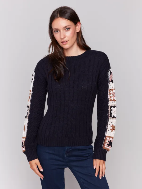 Sweater With Crochet Sleeves - Navy sold by Charlie B
