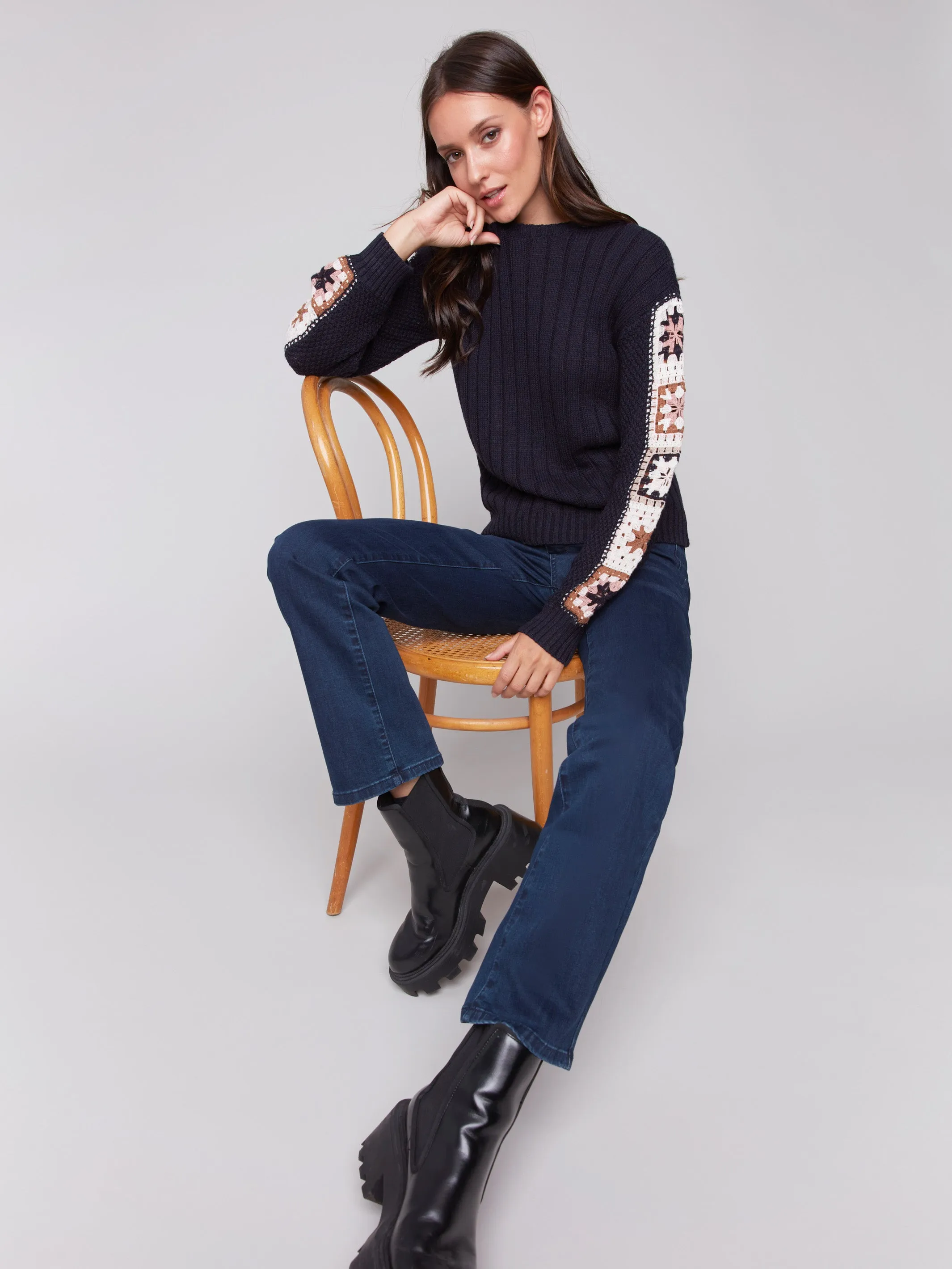 Sweater With Crochet Sleeves - Navy sold by Charlie B product image thumbnail 5