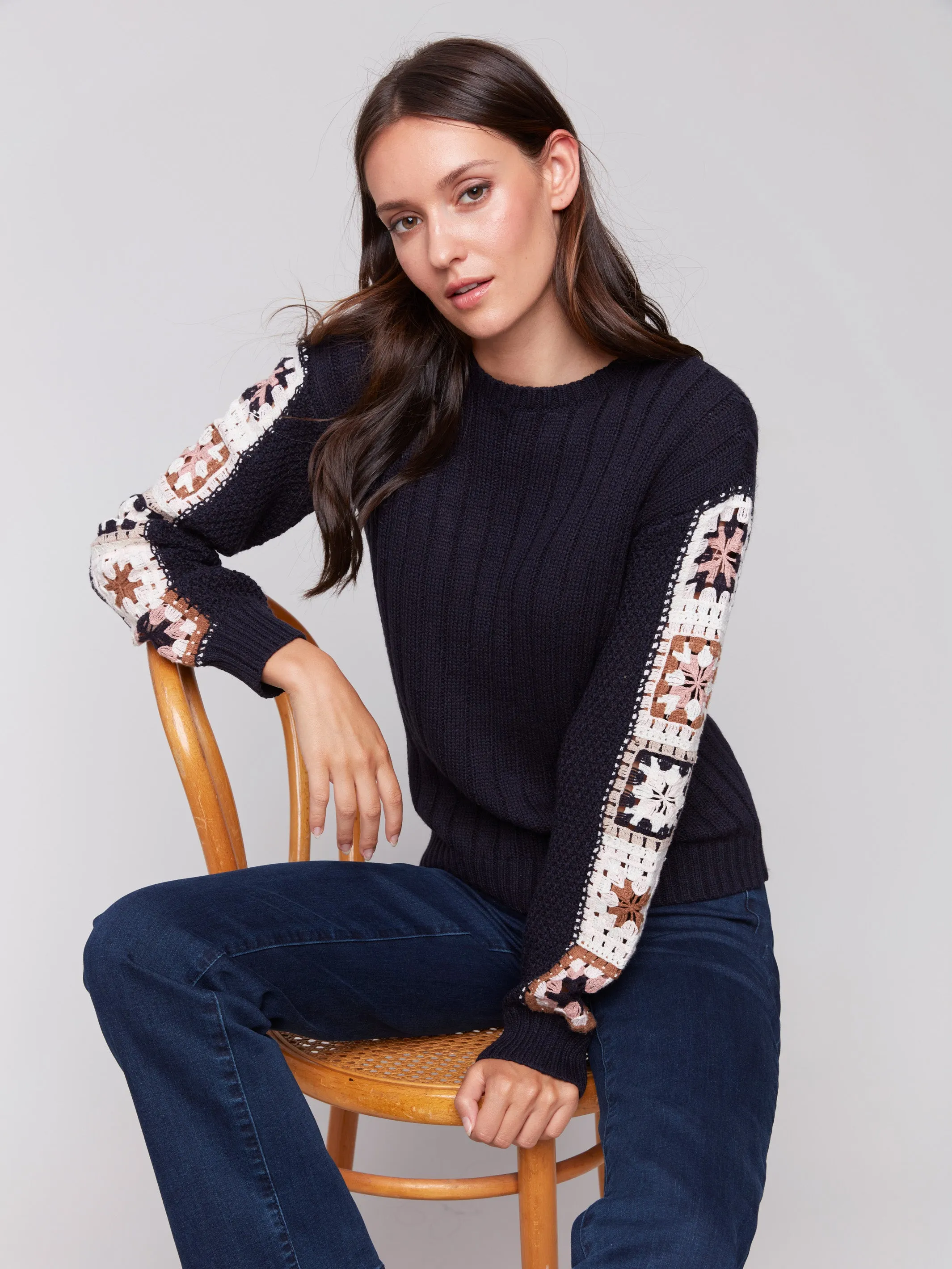 Sweater With Crochet Sleeves - Navy sold by Charlie B product image thumbnail 2