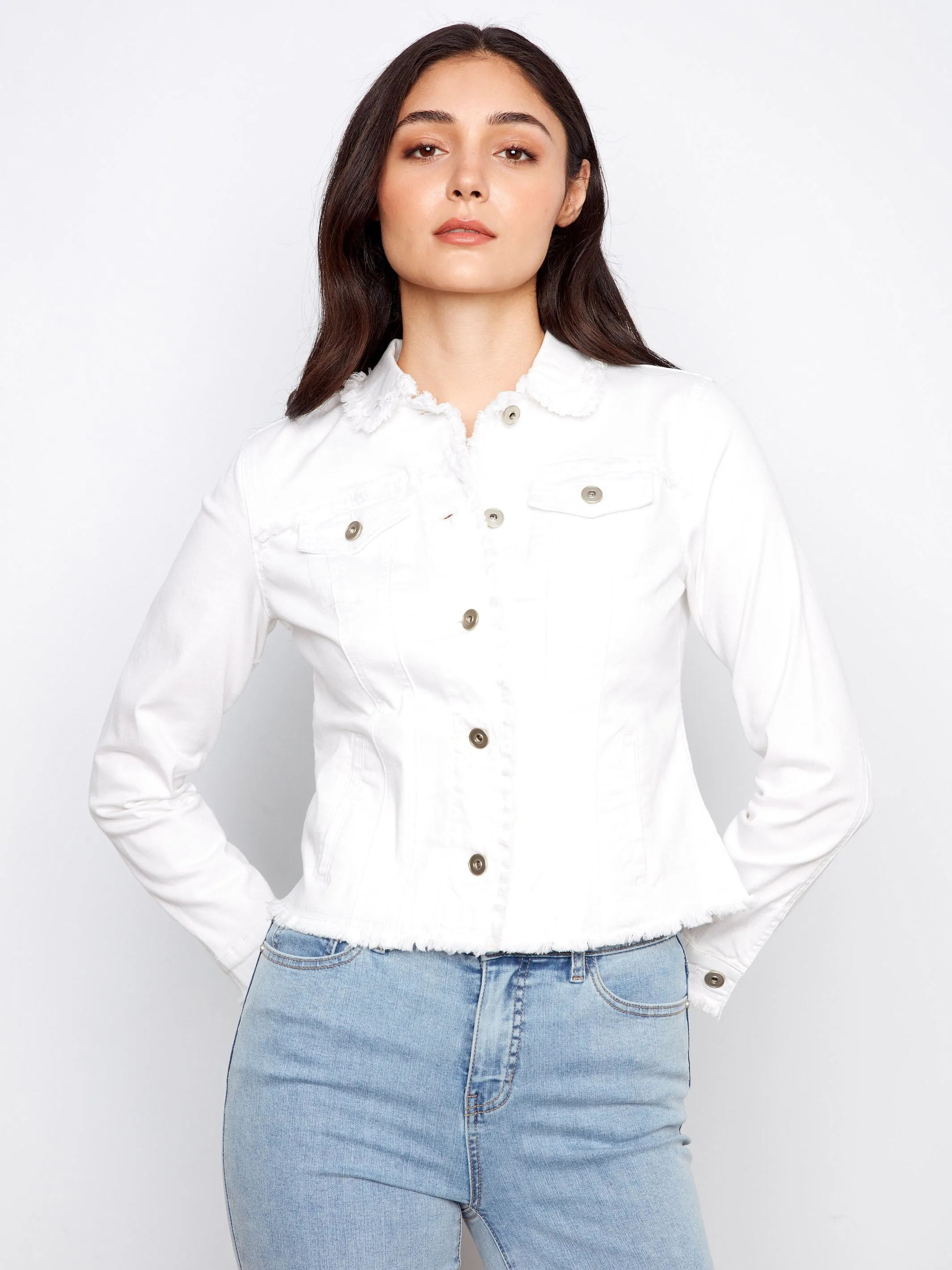 Frayed Edge Stretch Twill Jean Jacket - White sold by Charlie B product image thumbnail 3