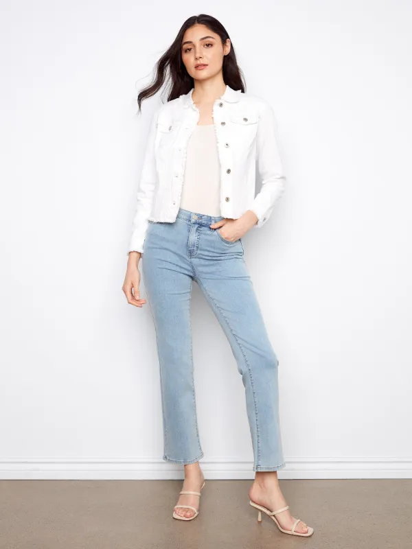 Frayed Edge Stretch Twill Jean Jacket - White made by Charlie B