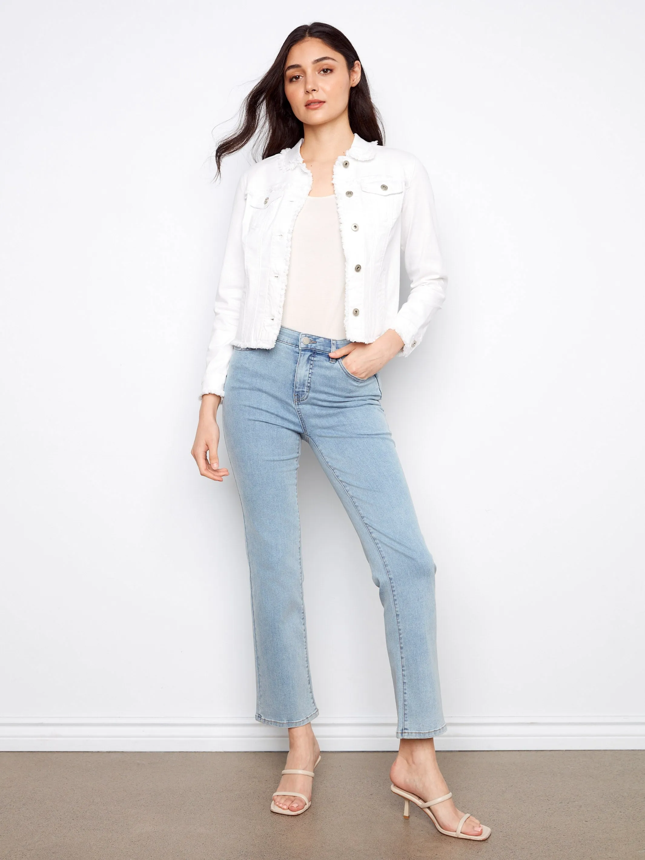 Frayed Edge Stretch Twill Jean Jacket - White sold by Charlie B