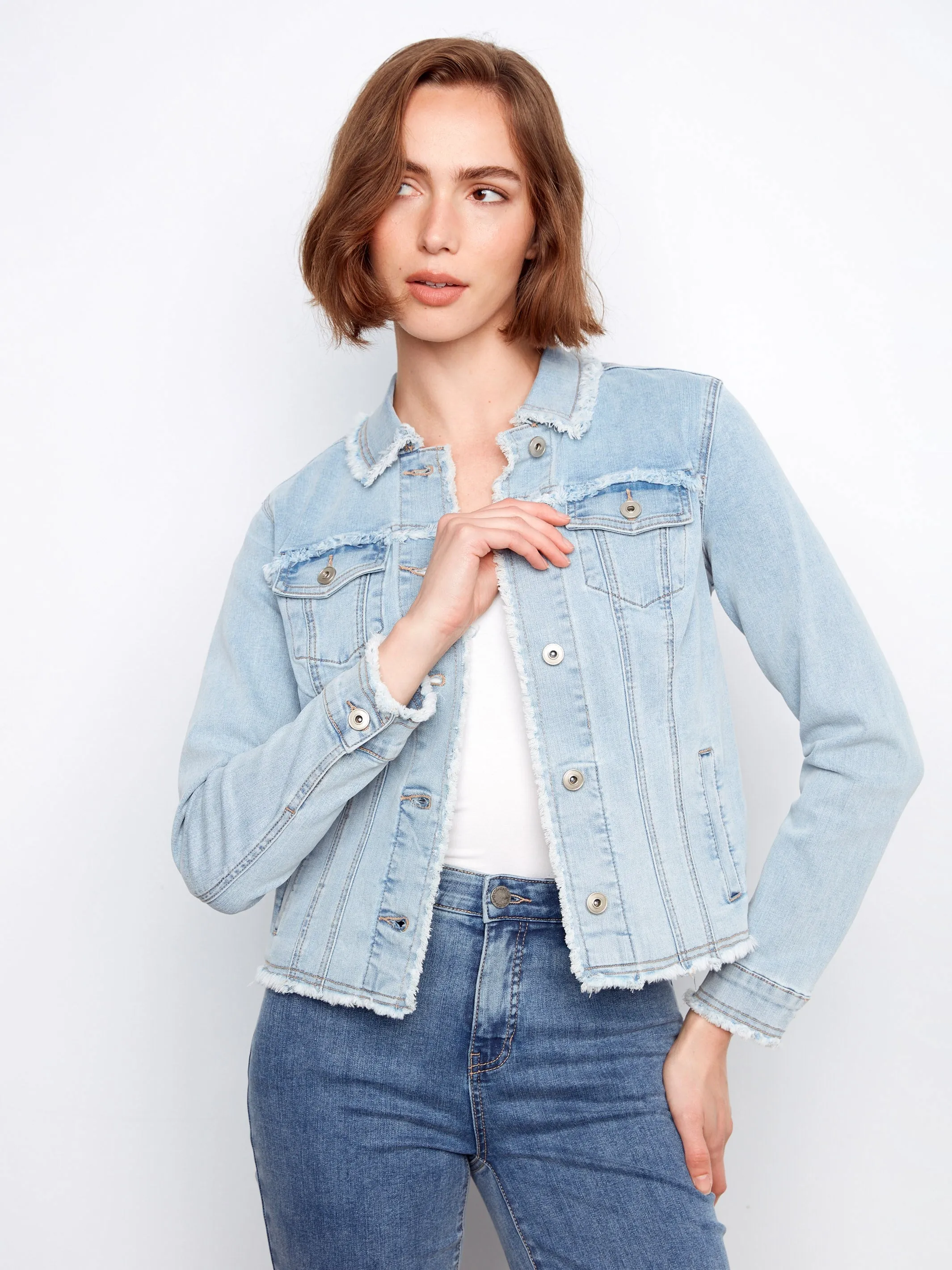 Frayed Edge Stretch Denim Jacket - Bleach Blue sold by Charlie B