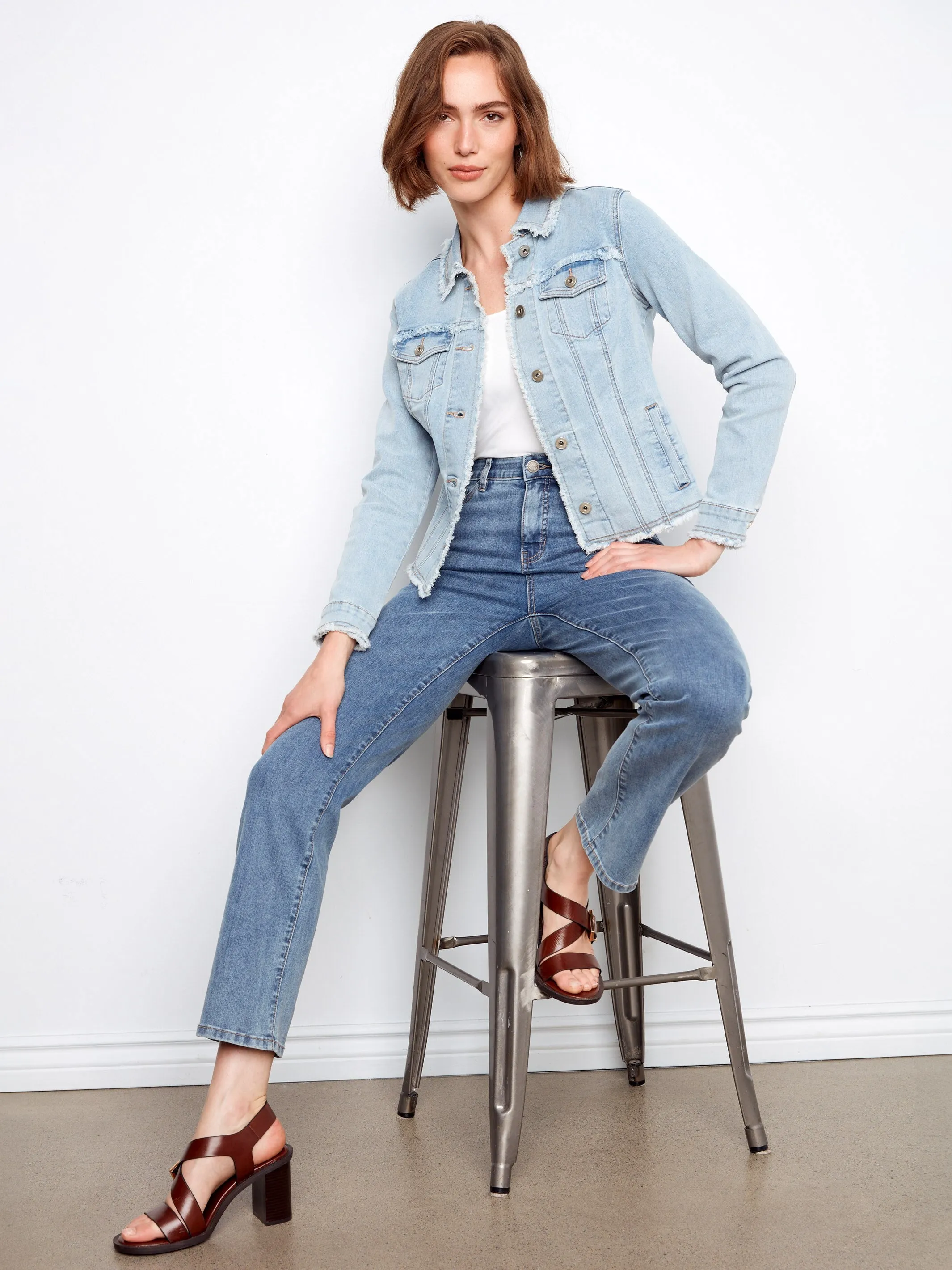Frayed Edge Stretch Denim Jacket - Bleach Blue sold by Charlie B product image thumbnail 4