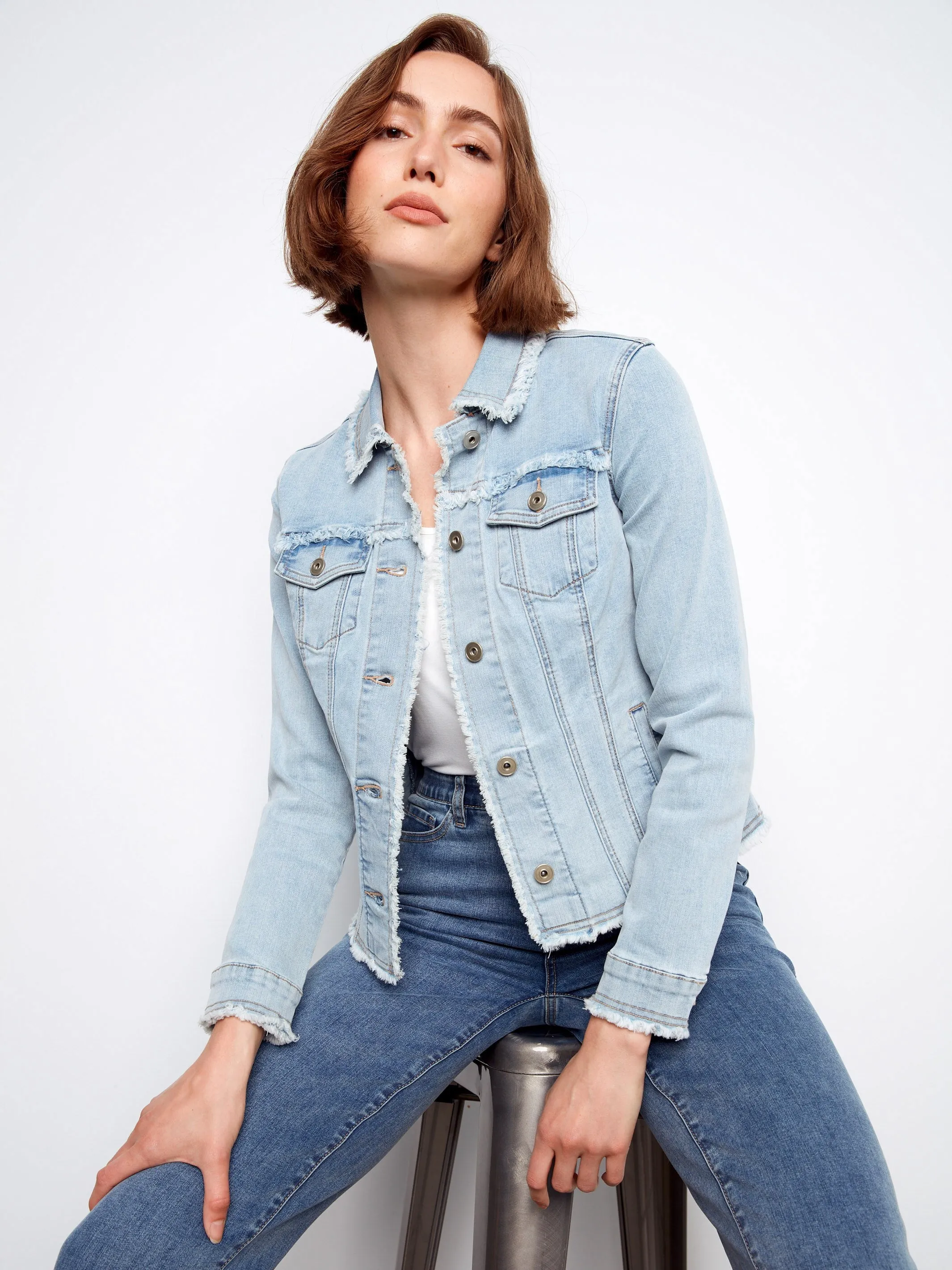 Frayed Edge Stretch Denim Jacket - Bleach Blue sold by Charlie B product image thumbnail 5
