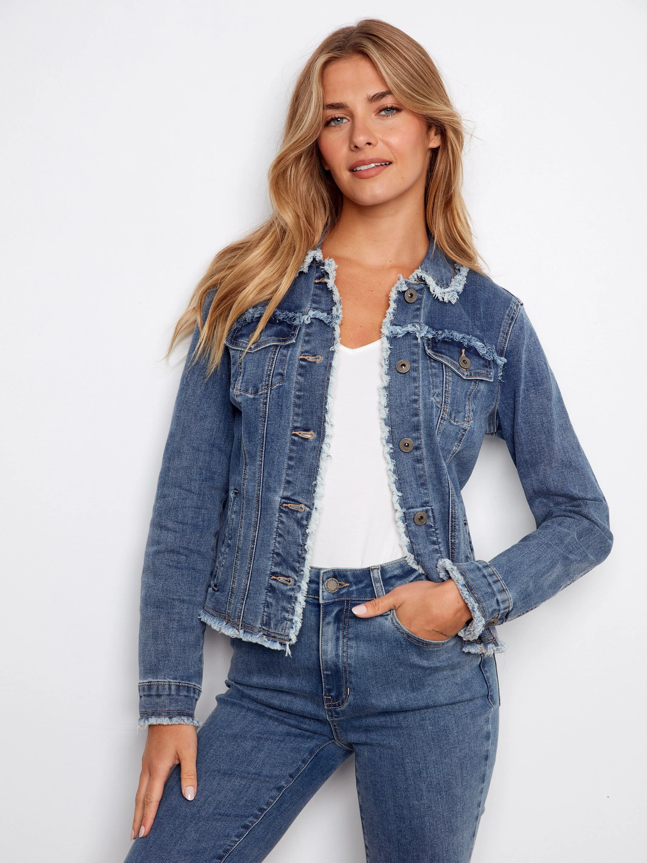 Frayed Edge Stretch Denim Jacket - Medium Blue sold by Charlie B