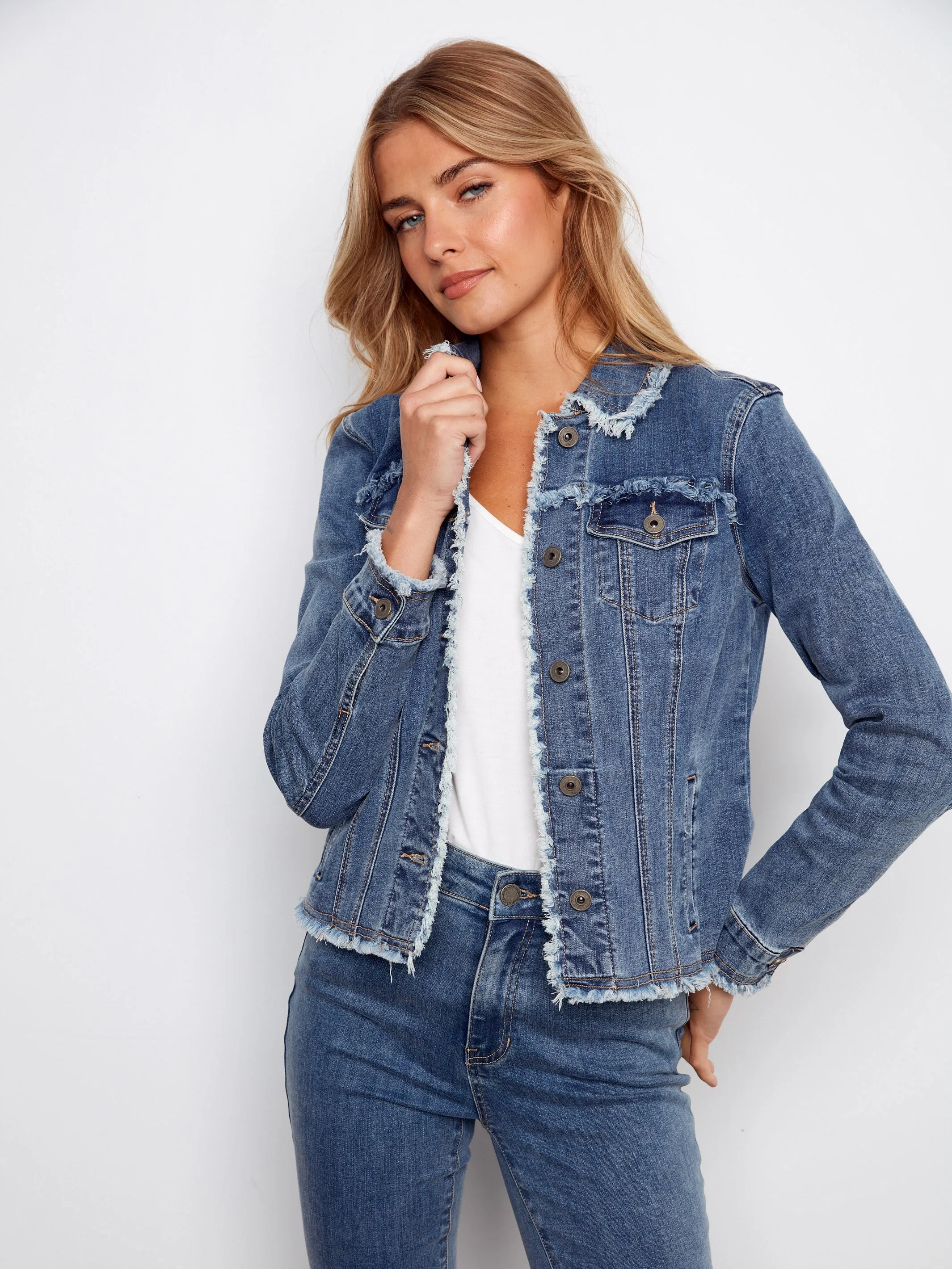 Frayed Edge Stretch Denim Jacket - Medium Blue sold by Charlie B product image thumbnail 3
