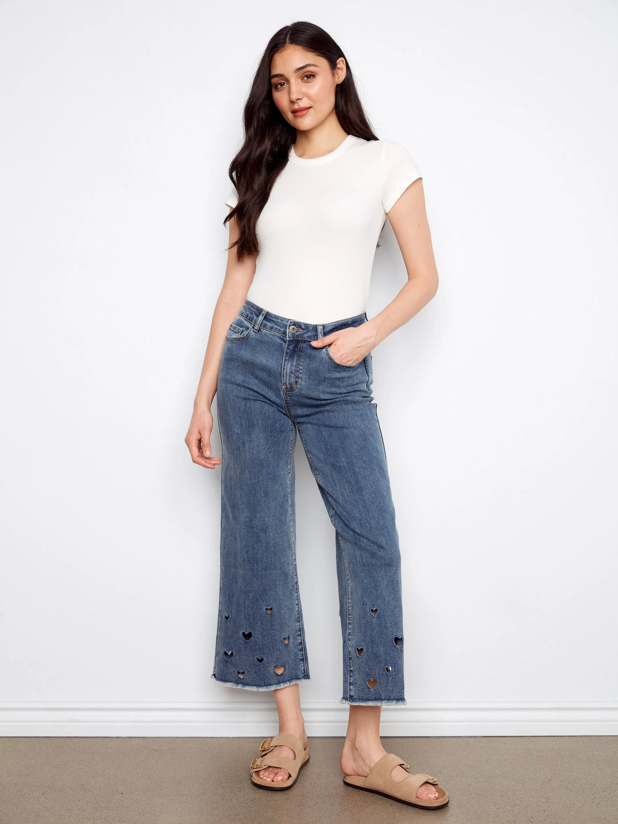 Heart Cutout Wide Leg Jeans - Medium Blue sold by Charlie B
