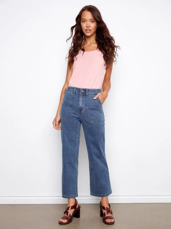 Cropped Utility Pocket Jeans - Medium Blue made by Charlie B