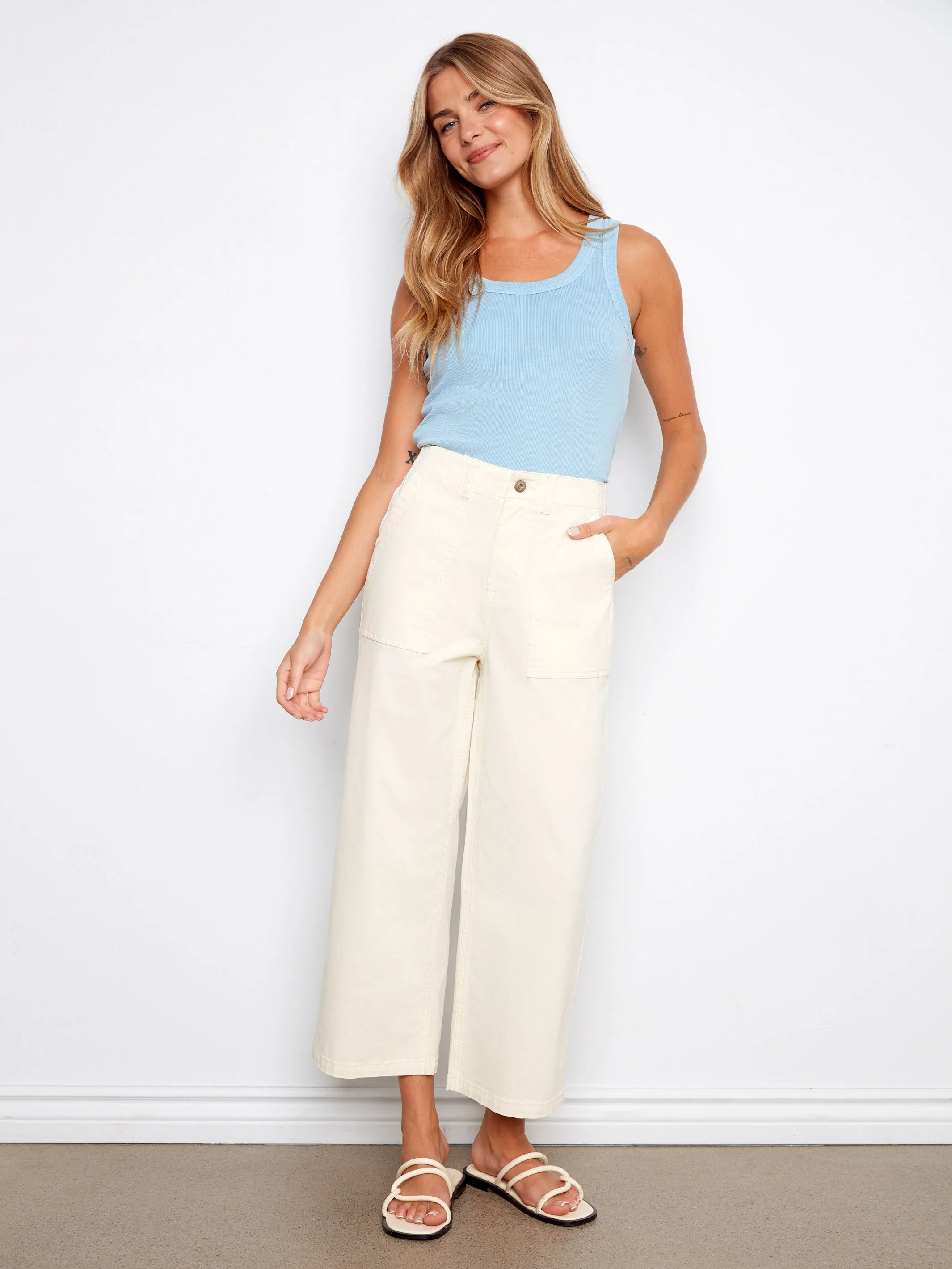 Cropped Utility Pocket Twill Pants - Natural sold by Charlie B