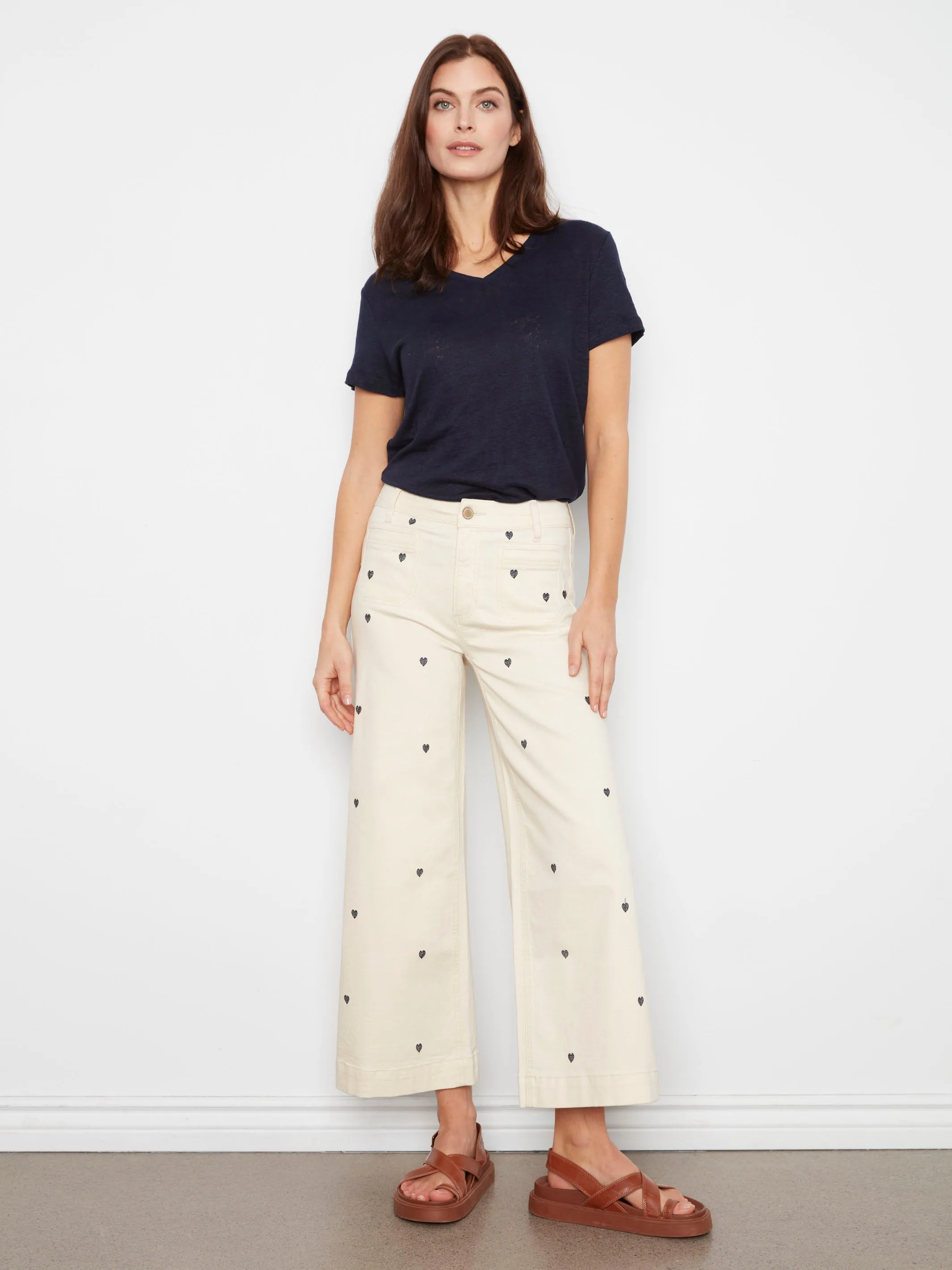 Embroidered Cropped Patch Pocket Flare Twill Pants - Natural sold by Charlie B