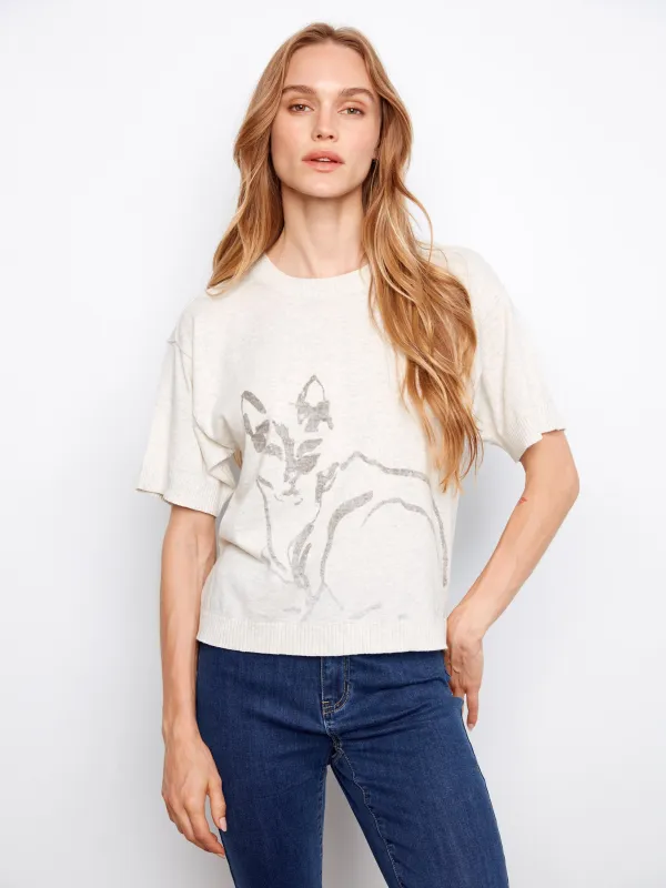 Short Sleeve Animal Print Sweater - Heather Oat made by Charlie B
