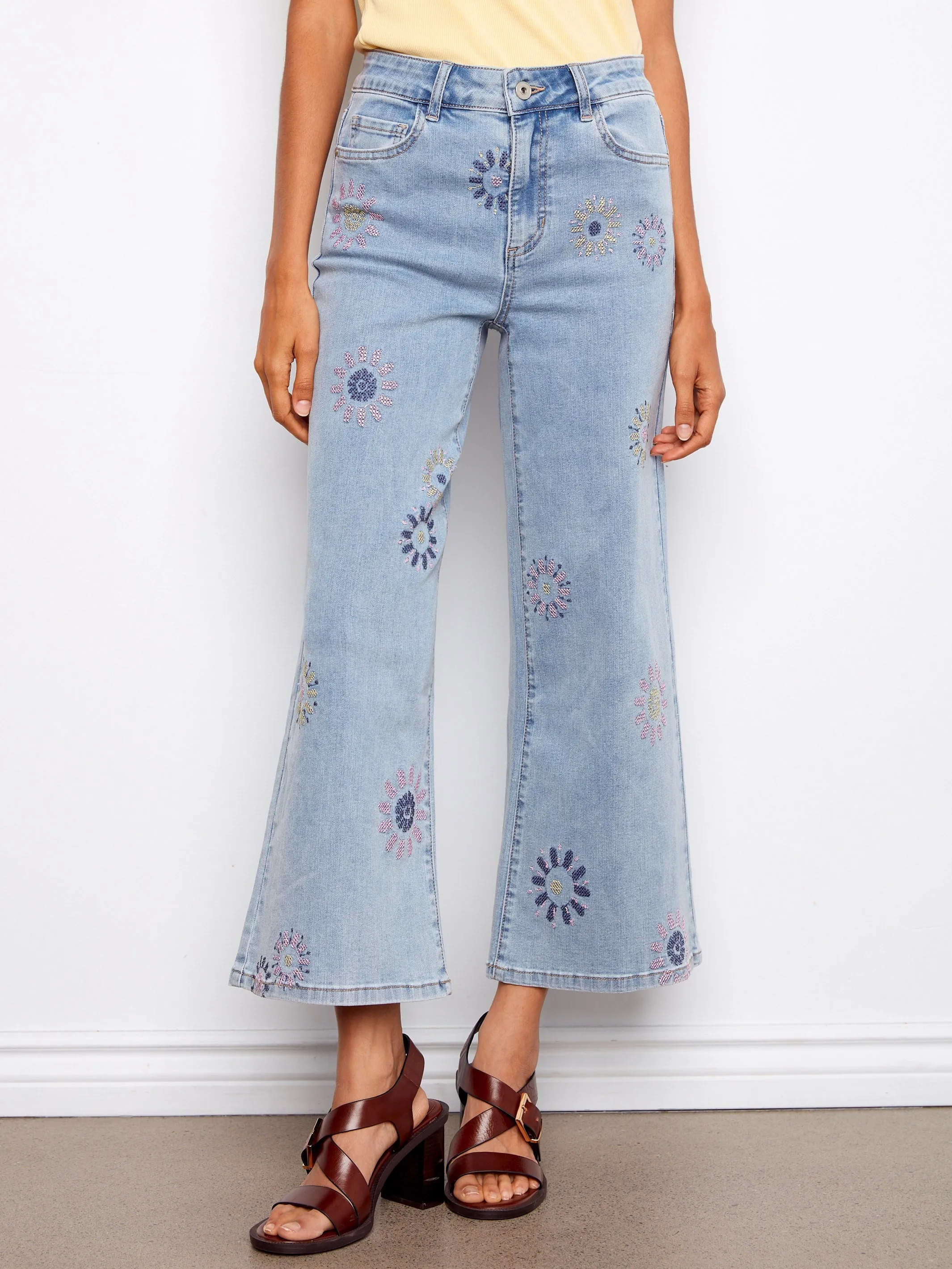 Wide Leg Jeans with Flower Embroidery - Light Blue sold by Charlie B product image thumbnail 2