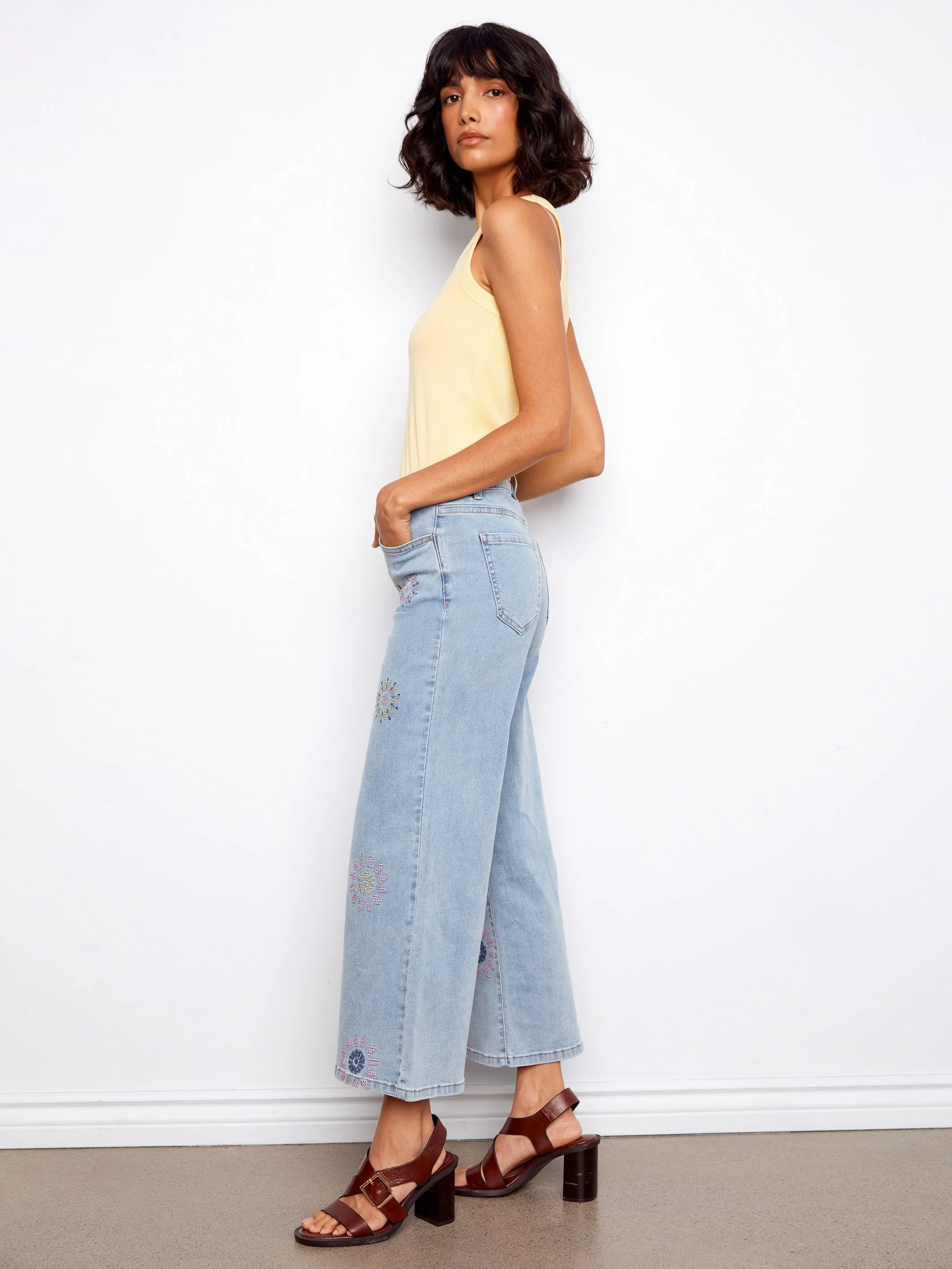 Wide Leg Jeans with Flower Embroidery - Light Blue sold by Charlie B product image thumbnail 3