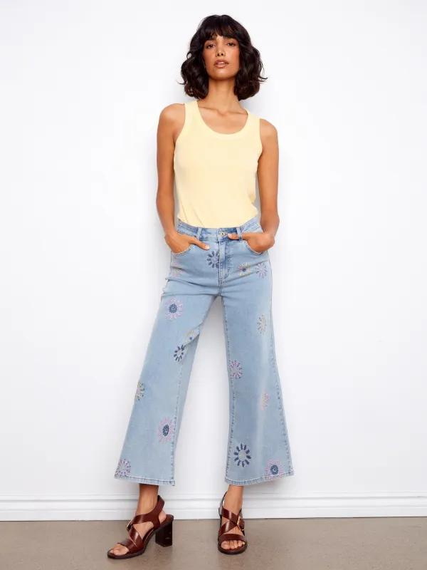Wide Leg Jeans with Flower Embroidery - Light Blue made by Charlie B