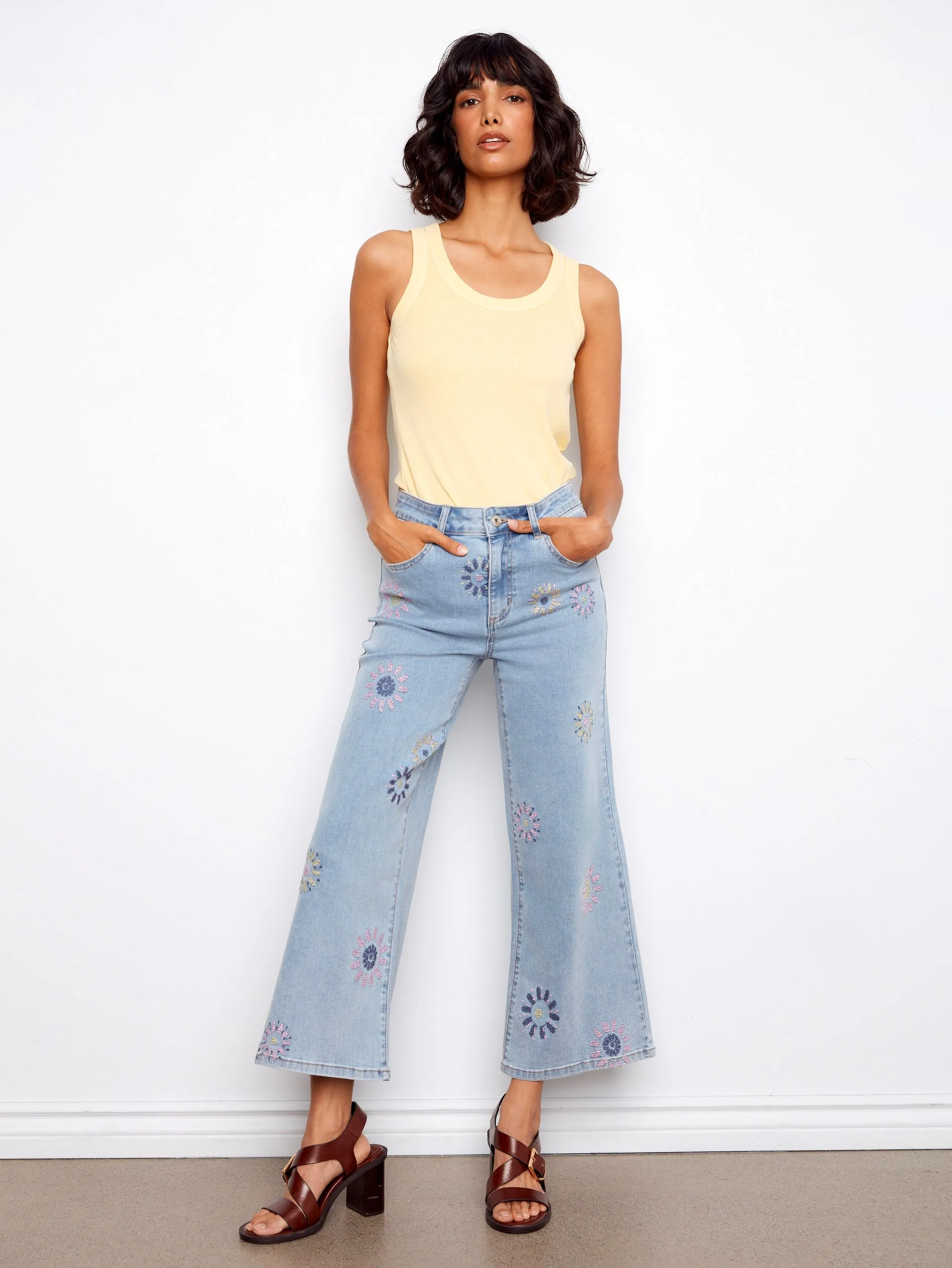 Wide Leg Jeans with Flower Embroidery - Light Blue sold by Charlie B
