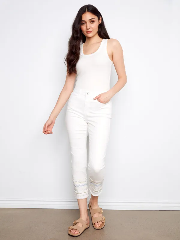 Embroidered Hem Jeans - White made by Charlie B