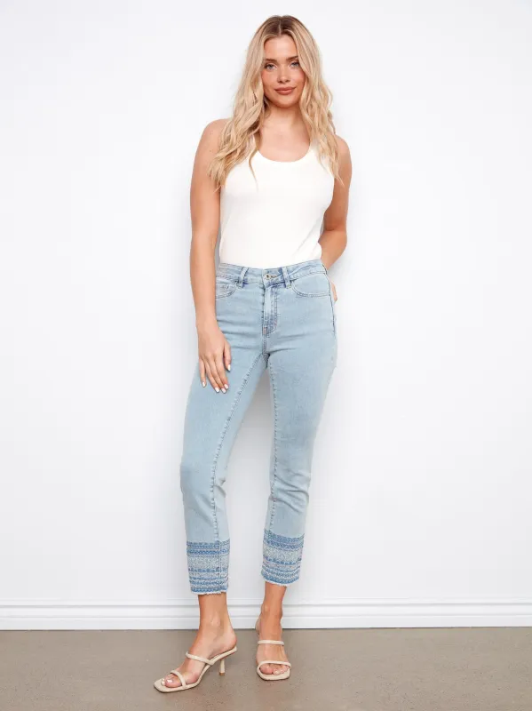 Embroidered Hem Jeans - Light Blue made by Charlie B