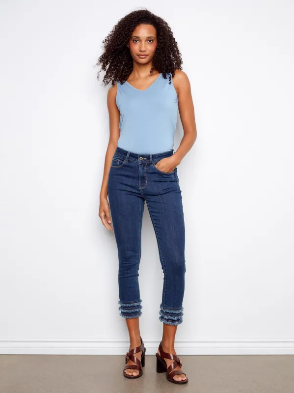 Frayed Hem Cropped Denim Pants - Indigo made by Charlie B
