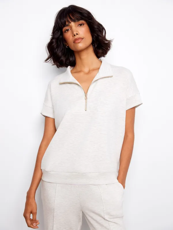 Soft Scuba Short Sleeve Half-Zip Top - Heather Light Grey sold by Charlie B