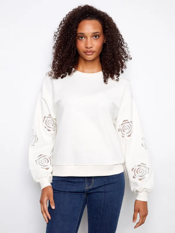 French Terry Top With Sleeve Embroidery - White made by Charlie B