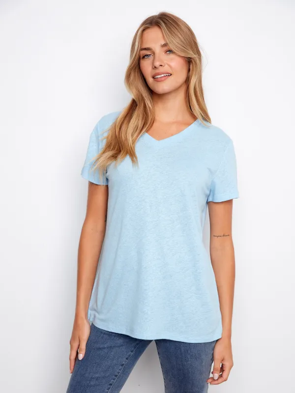 Foiled Linen Blend V-Neck T-Shirt - Bluebell made by Charlie B