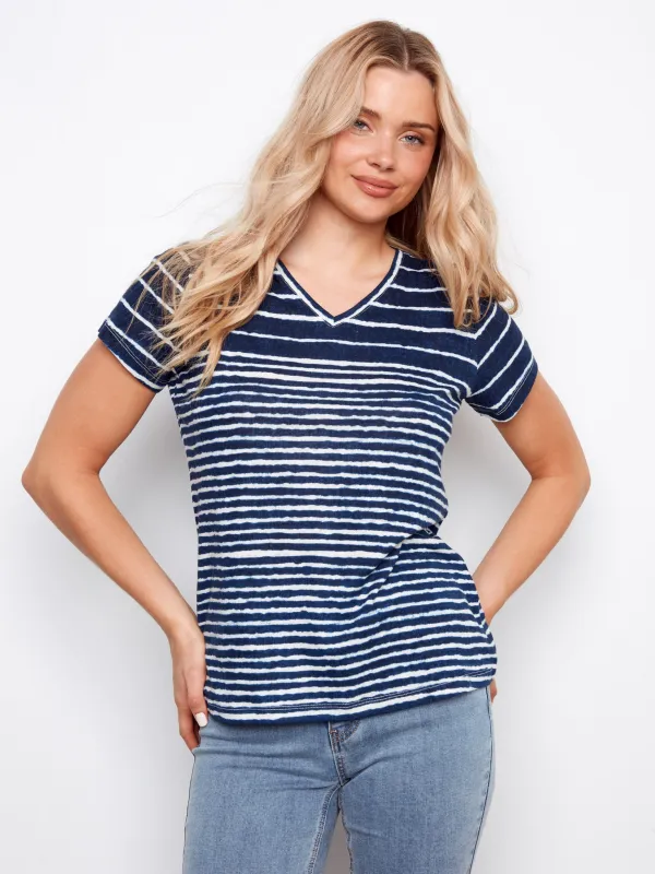 Printed Linen Blend V-Neck T-Shirt - Stripes sold by Charlie B