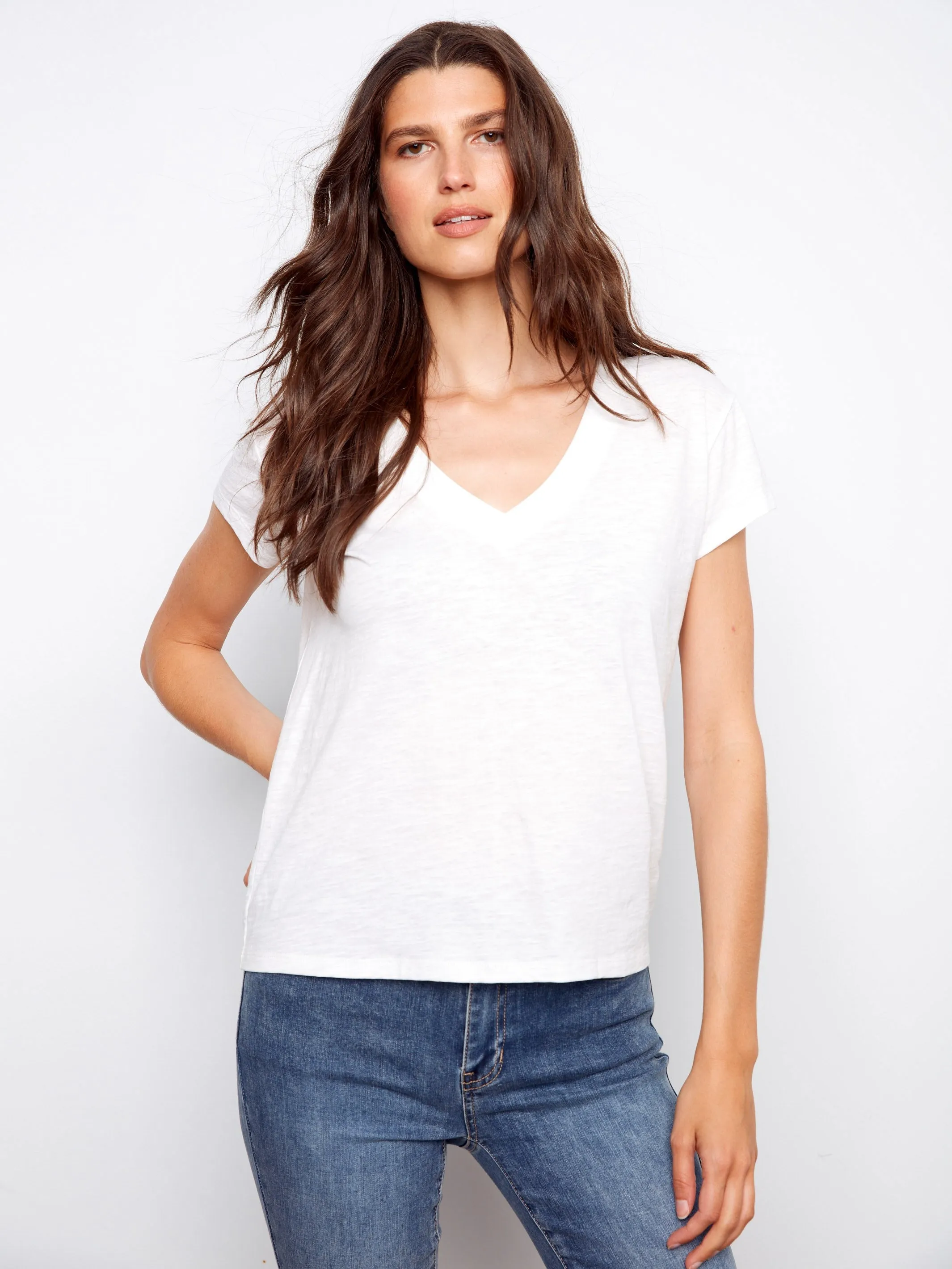 Organic Cotton Drop Shoulder V-Neck T-Shirt - White sold by Charlie B product image thumbnail 4