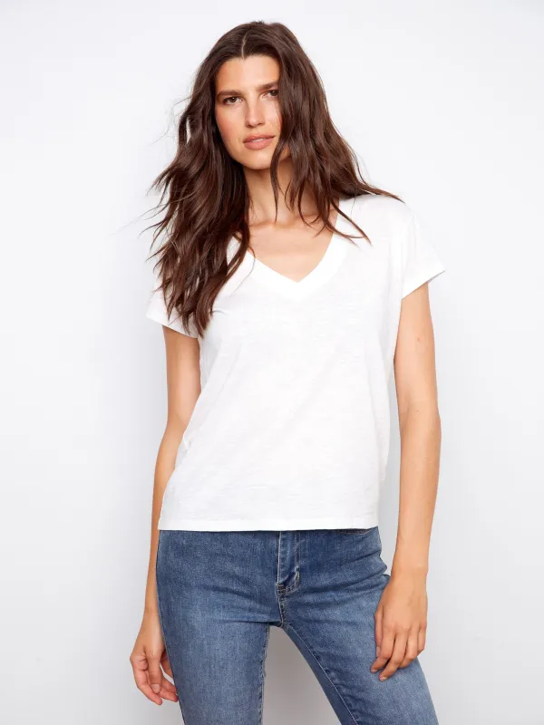 Organic Cotton Drop Shoulder V-Neck T-Shirt - White made by Charlie B