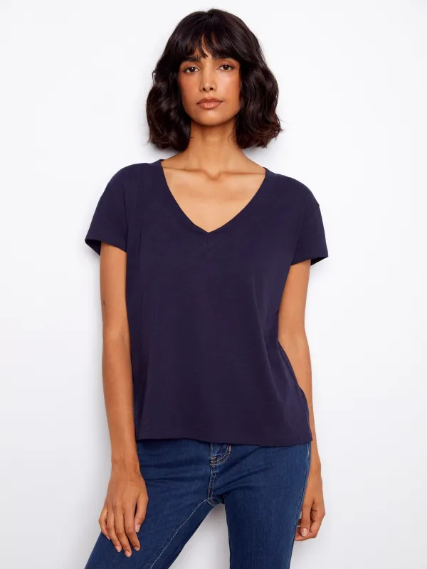 Organic Cotton Drop Shoulder V-Neck T-Shirt - Navy made by Charlie B