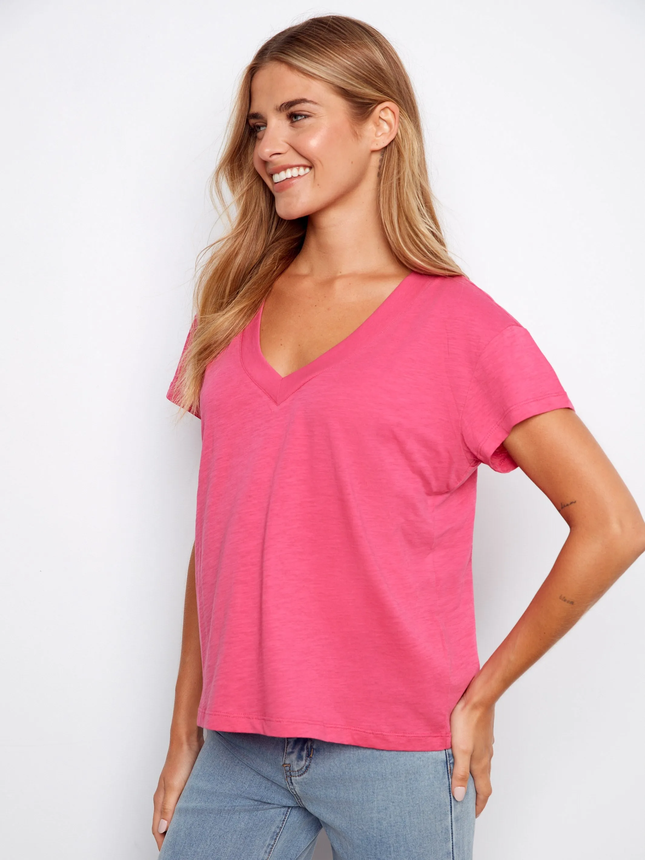 Organic Cotton Drop Shoulder V-Neck T-Shirt - Fuchsia sold by Charlie B product image thumbnail 4