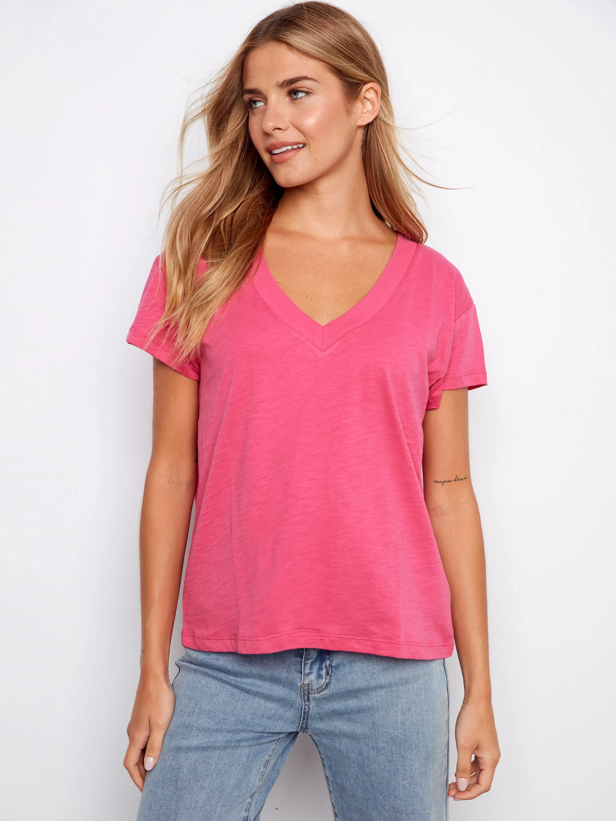 Organic Cotton Drop Shoulder V-Neck T-Shirt - Fuchsia sold by Charlie B
