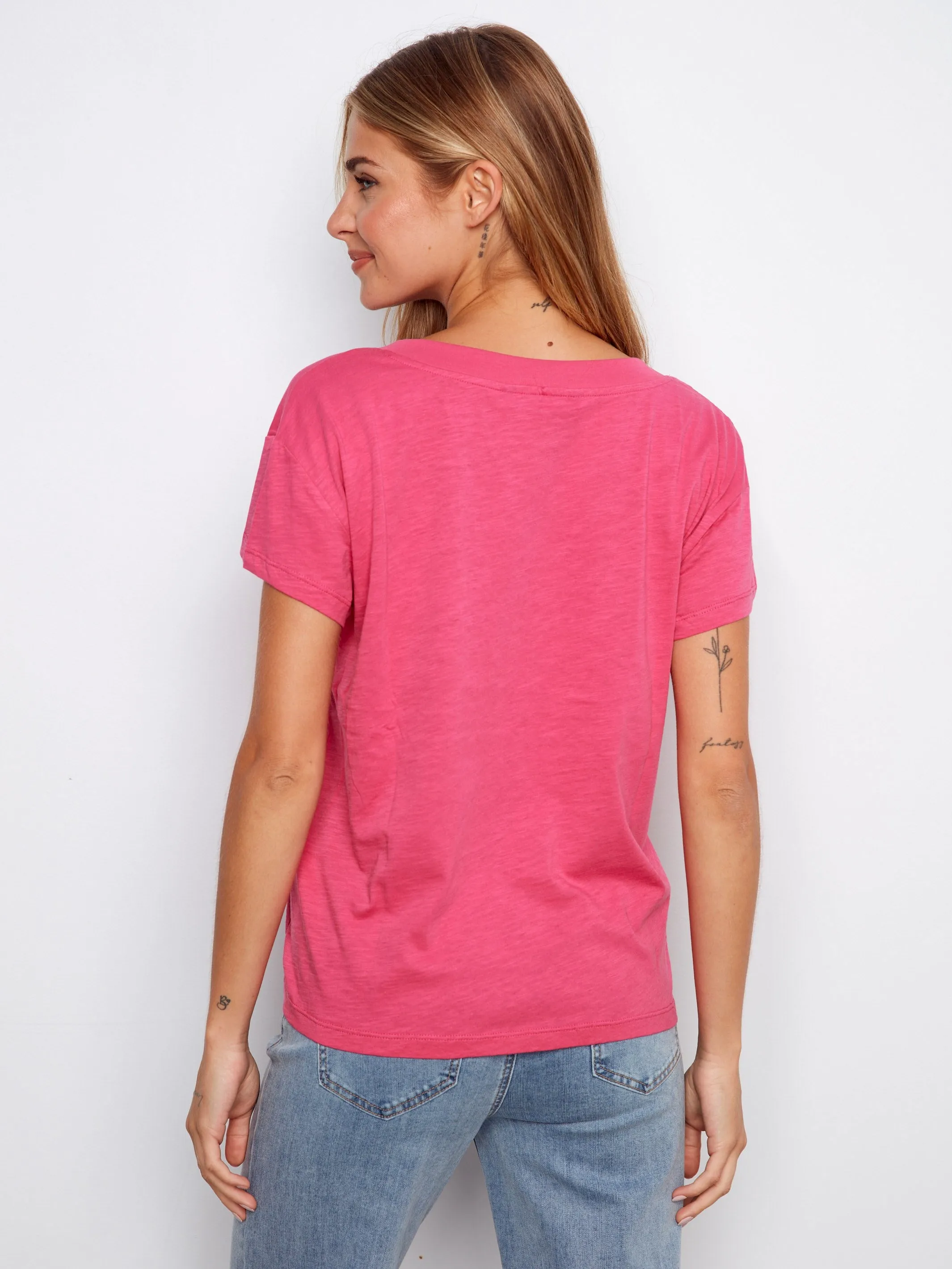 Organic Cotton Drop Shoulder V-Neck T-Shirt - Fuchsia sold by Charlie B product image thumbnail 5
