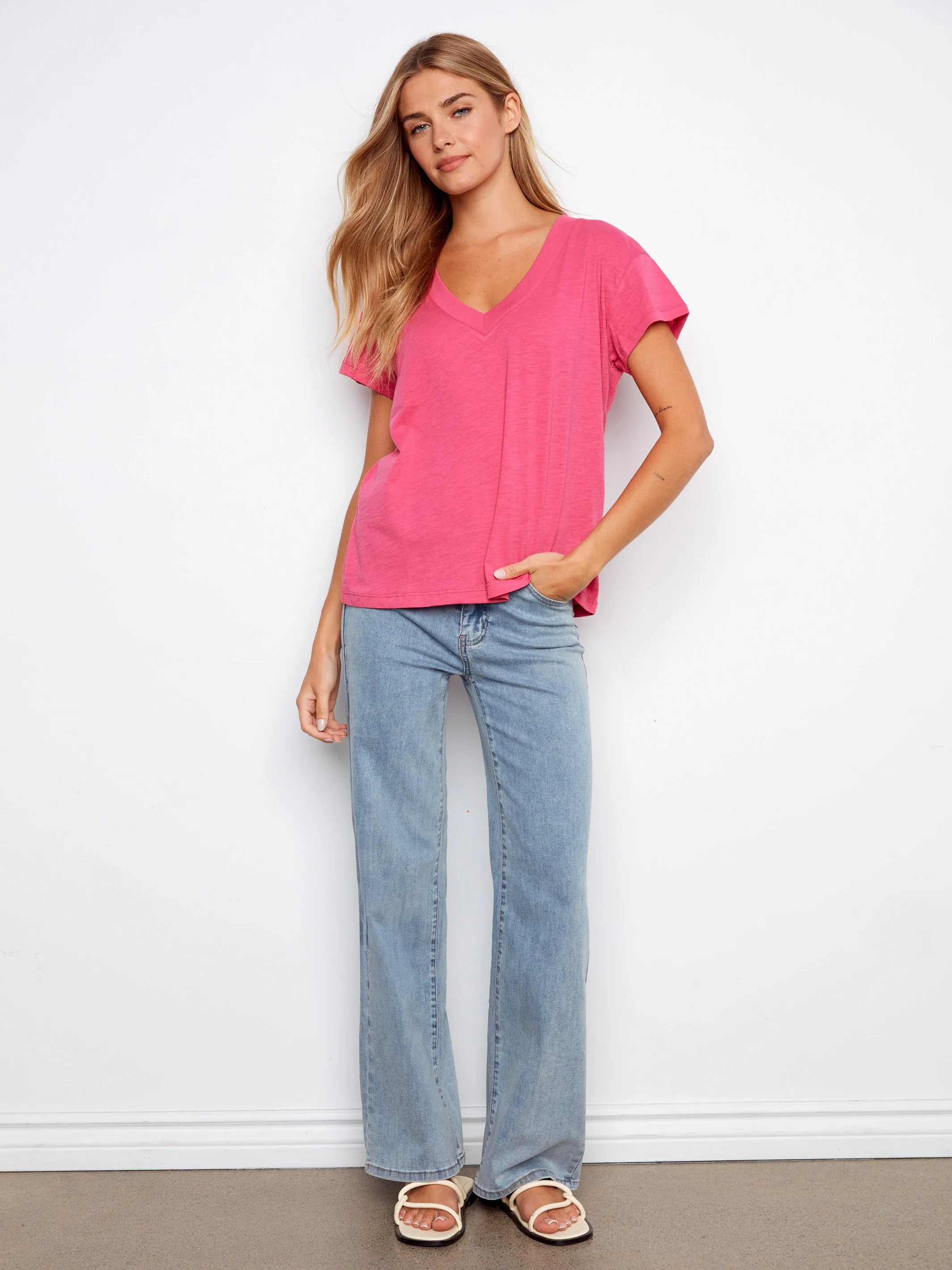Organic Cotton Drop Shoulder V-Neck T-Shirt - Fuchsia sold by Charlie B product image thumbnail 2