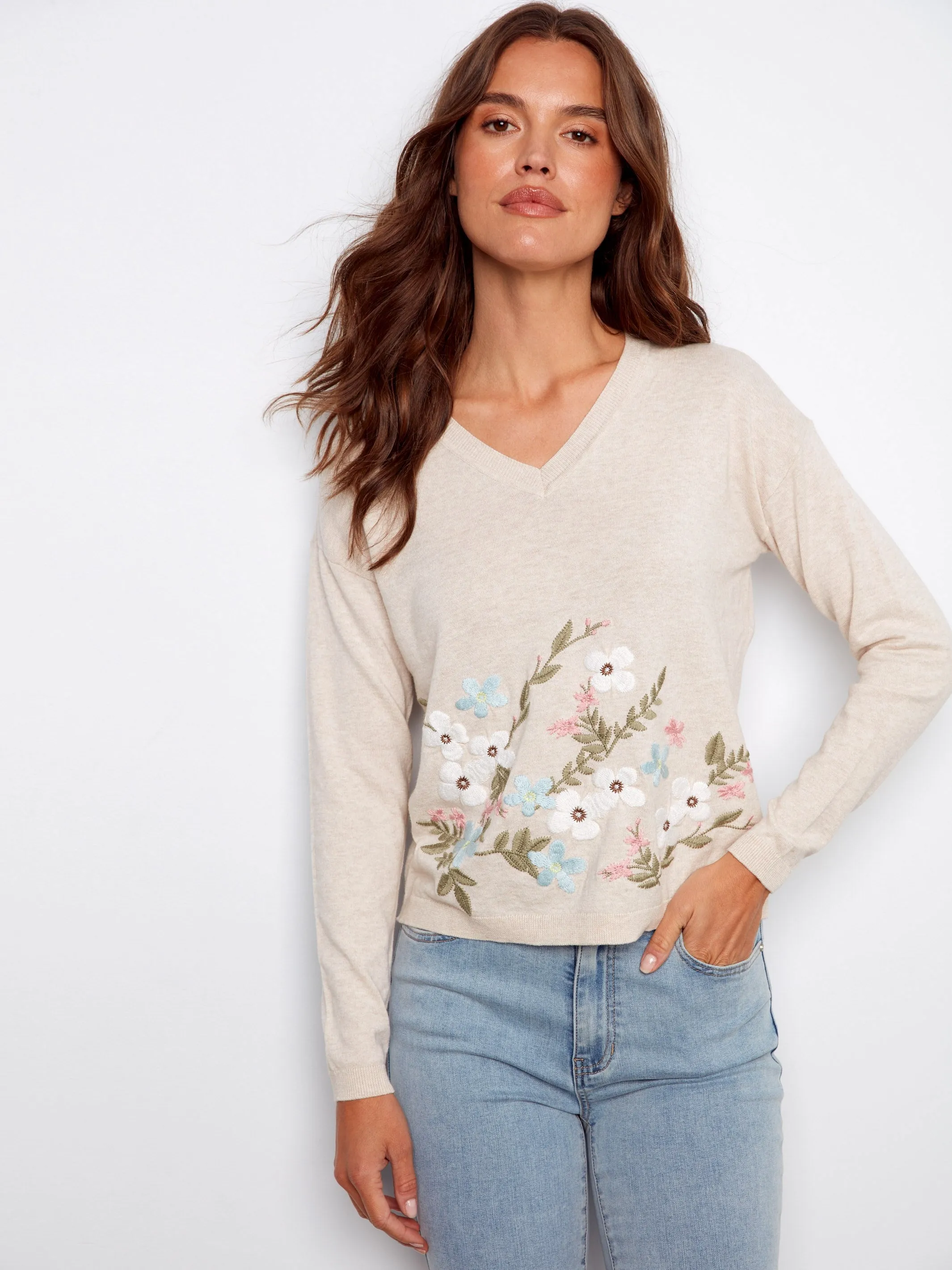 Embroidered Cotton V-Neck Sweater - Wildflowers sold by Charlie B product image thumbnail 3