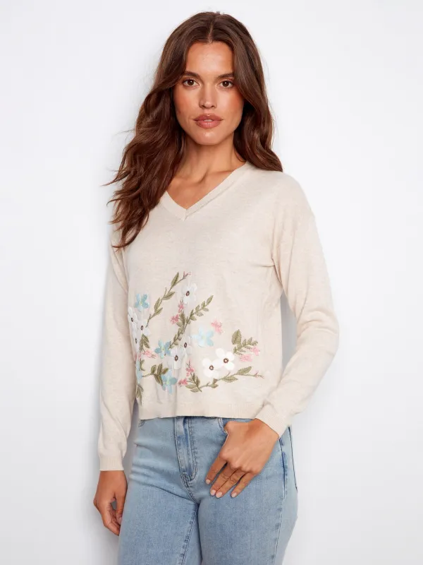 Embroidered Cotton V-Neck Sweater - Wildflowers sold by Charlie B
