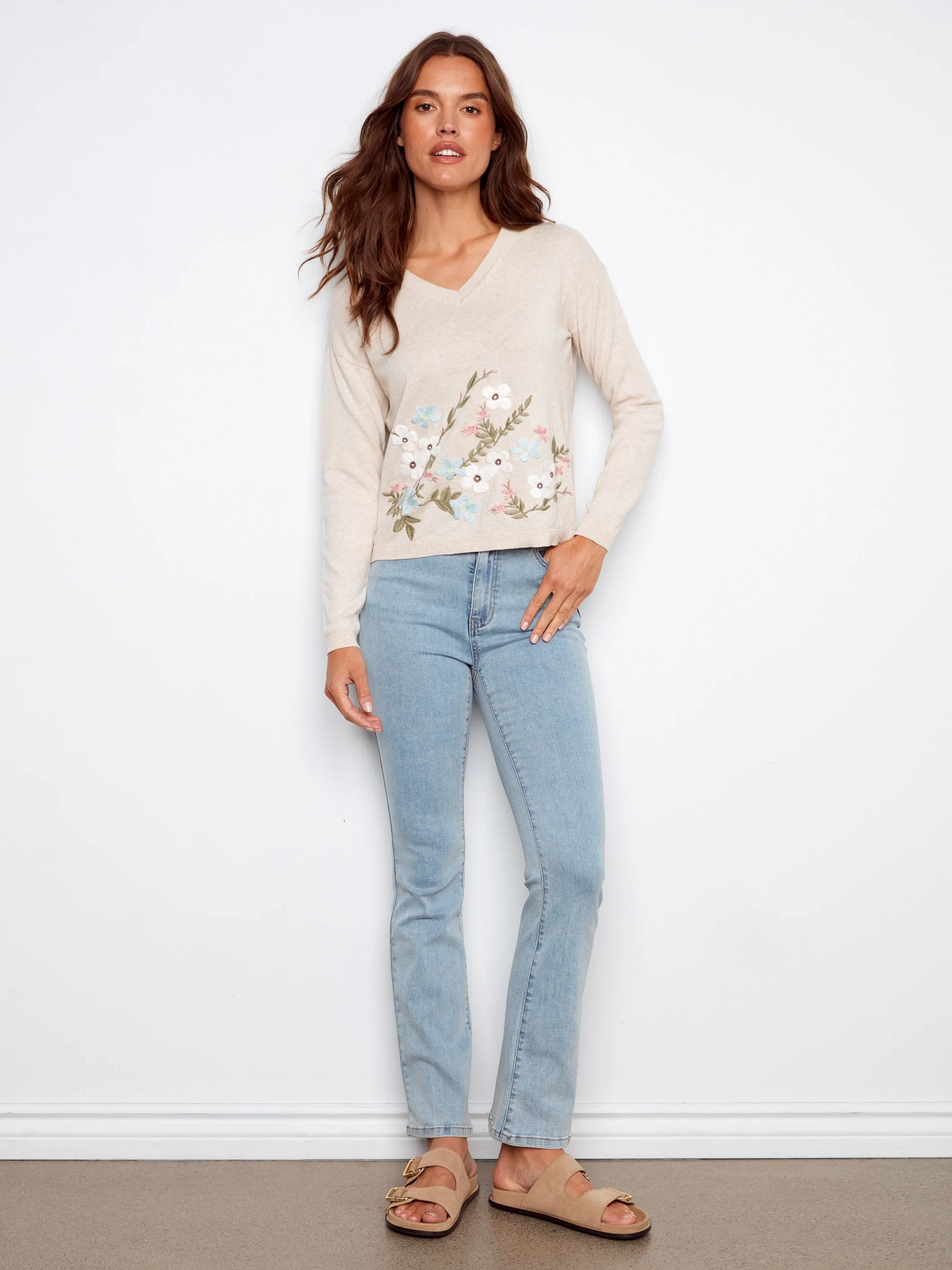 Embroidered Cotton V-Neck Sweater - Wildflowers sold by Charlie B product image thumbnail 2