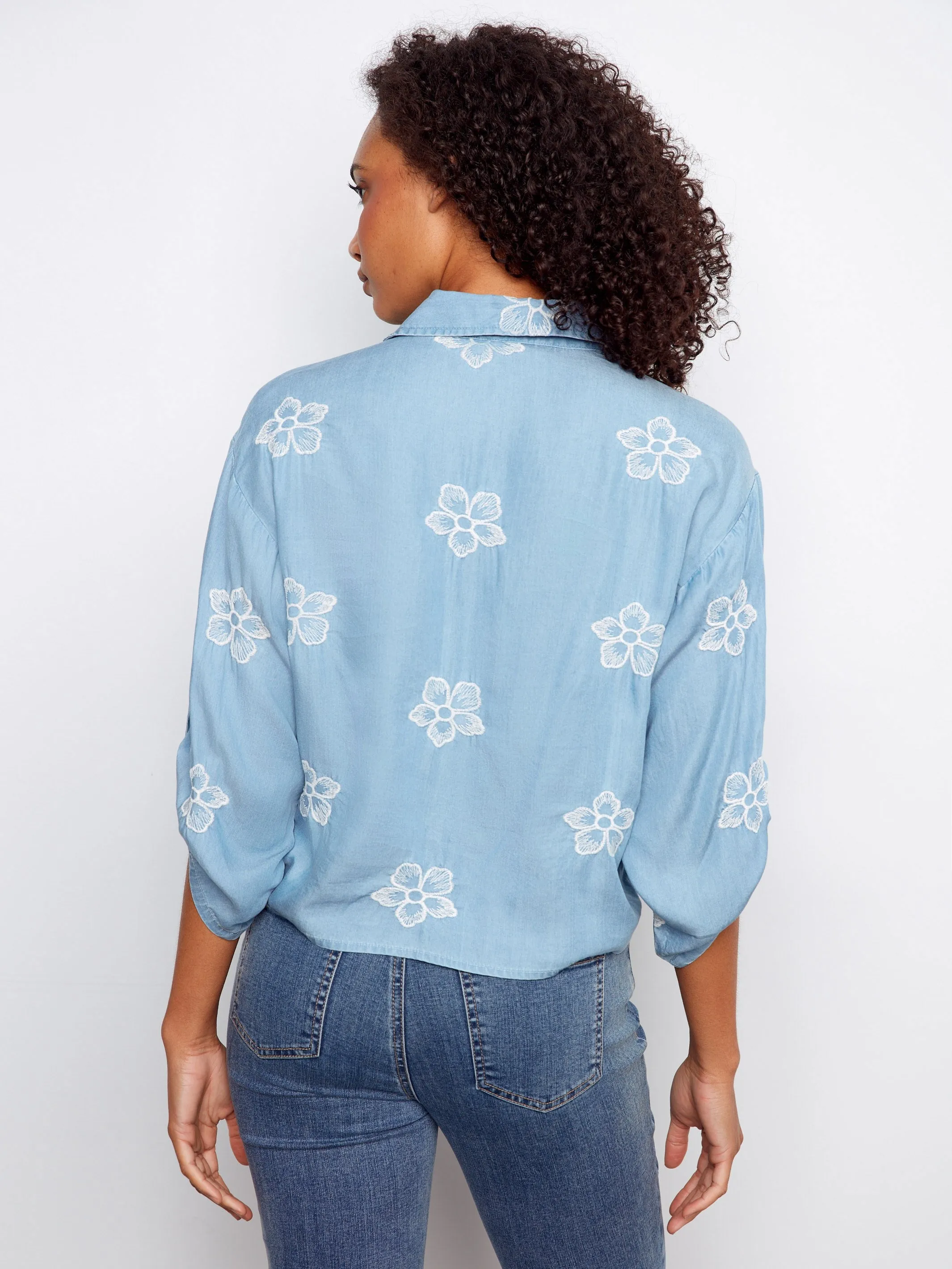 Embroidered Tencel Blouse With Front Tie - Light Blue sold by Charlie B product image thumbnail 5