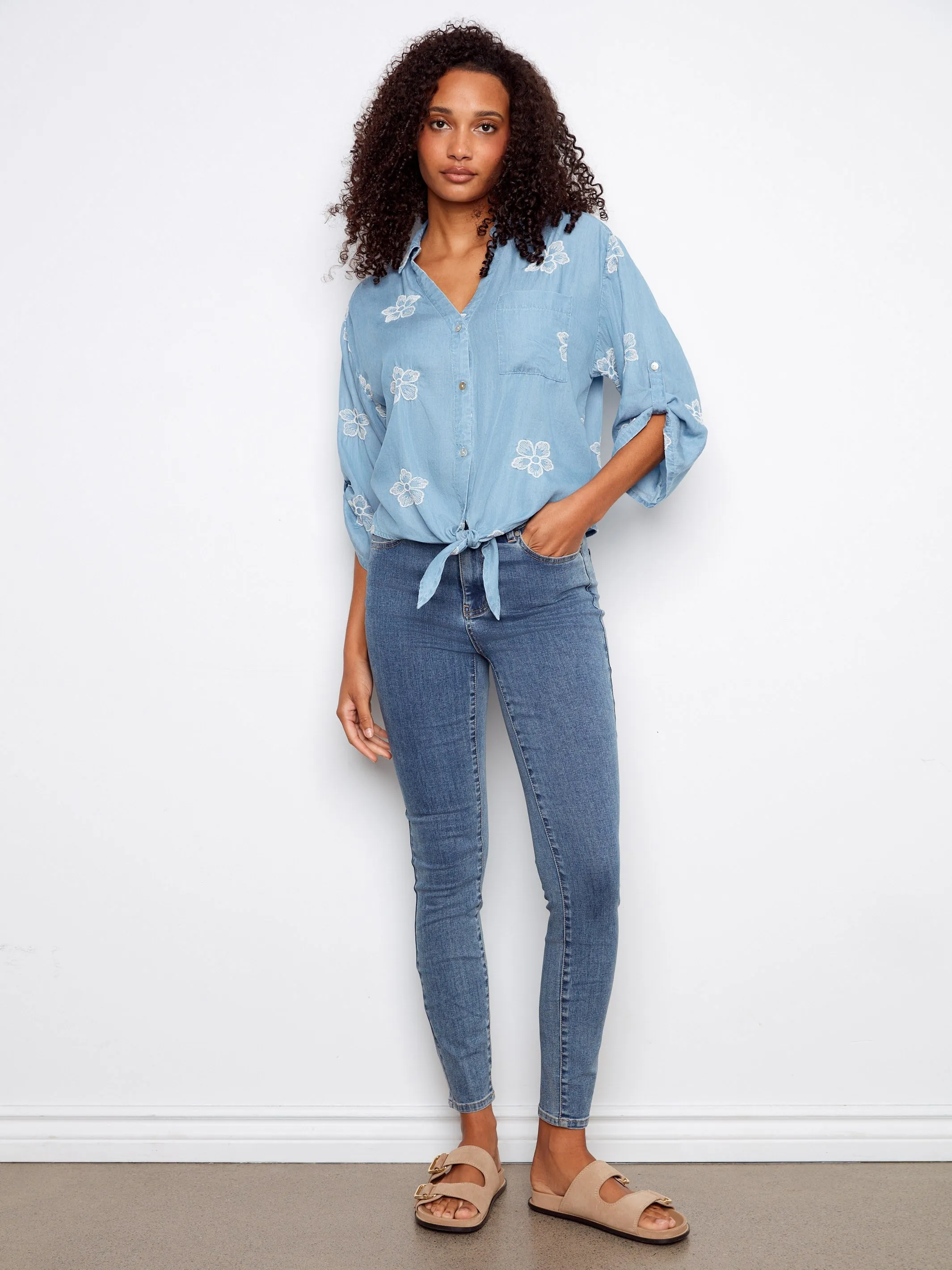 Embroidered Tencel Blouse With Front Tie - Light Blue sold by Charlie B product image thumbnail 2