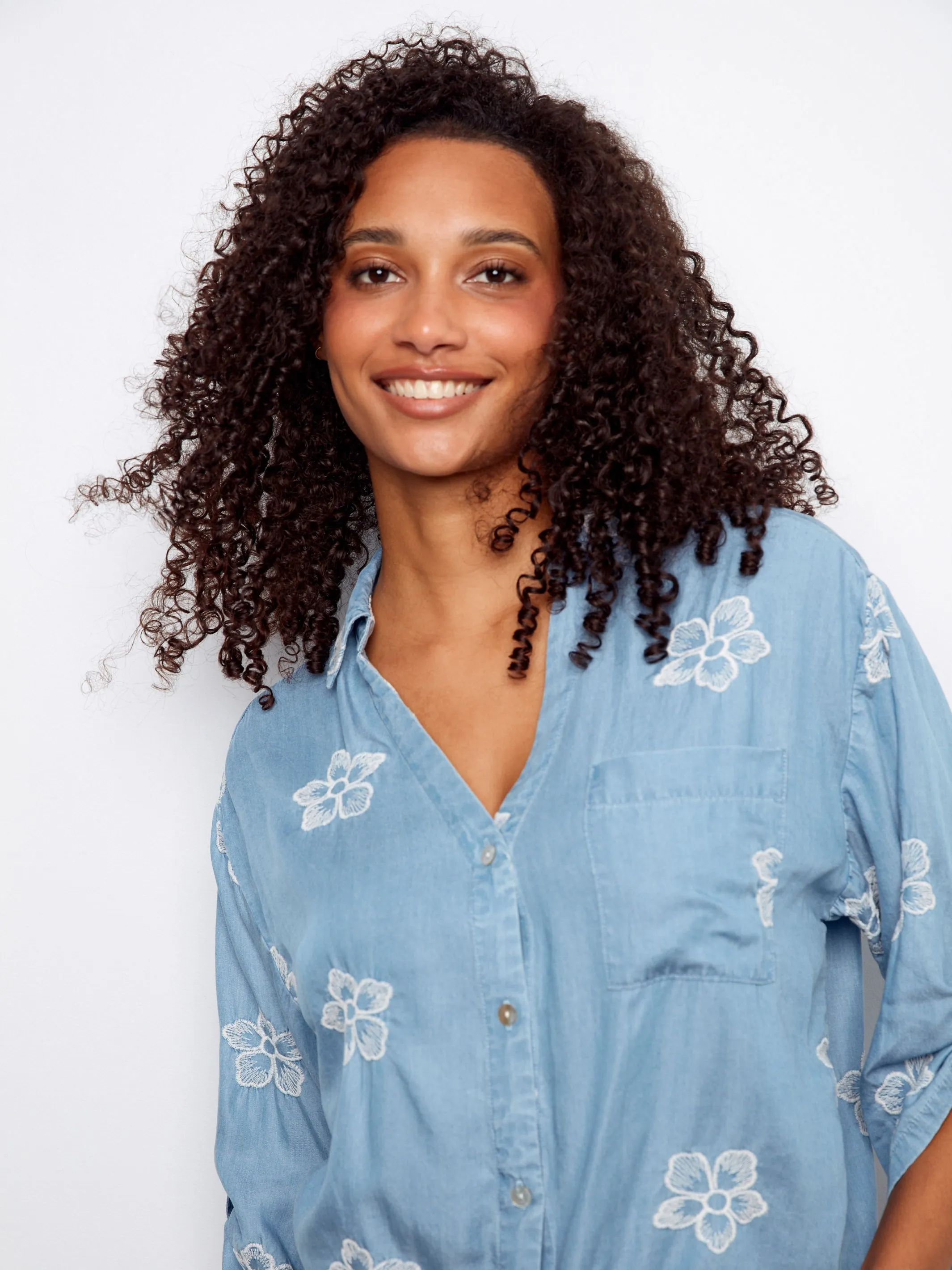 Embroidered Tencel Blouse With Front Tie - Light Blue sold by Charlie B product image thumbnail 3