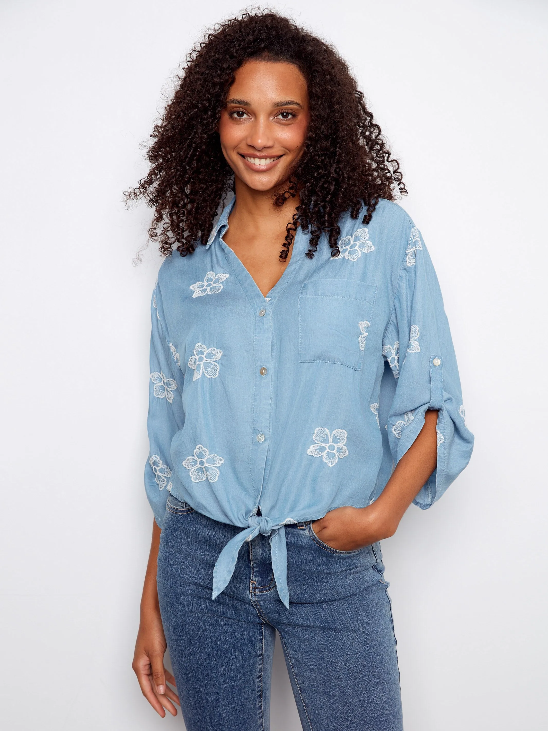 Embroidered Tencel Blouse With Front Tie - Light Blue sold by Charlie B product image thumbnail 4
