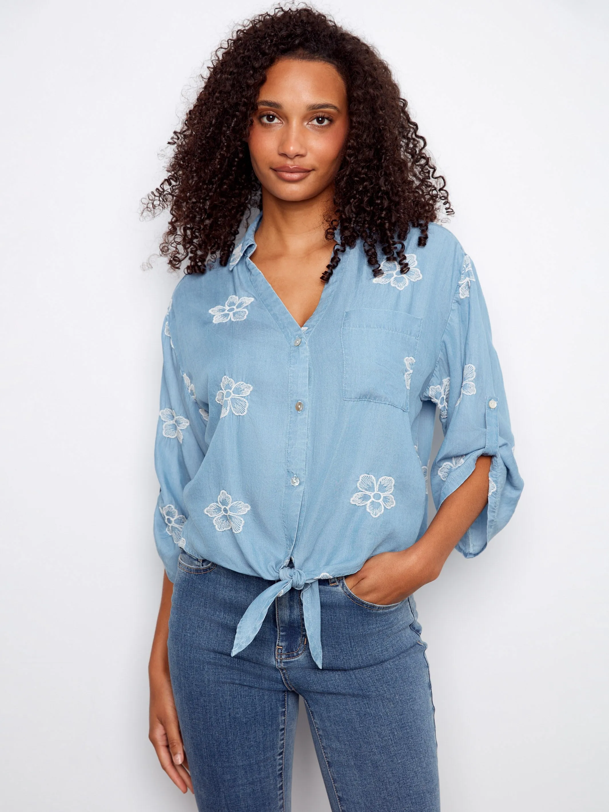 Embroidered Tencel Blouse With Front Tie - Light Blue sold by Charlie B