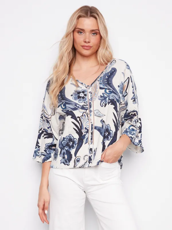 Printed Linen Blend Blouse With Front Button Detail - Paisley made by Charlie B