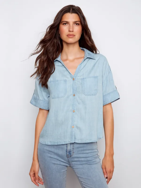 Short Sleeve Button-Front Tencel Shirt - Light Blue made by Charlie B
