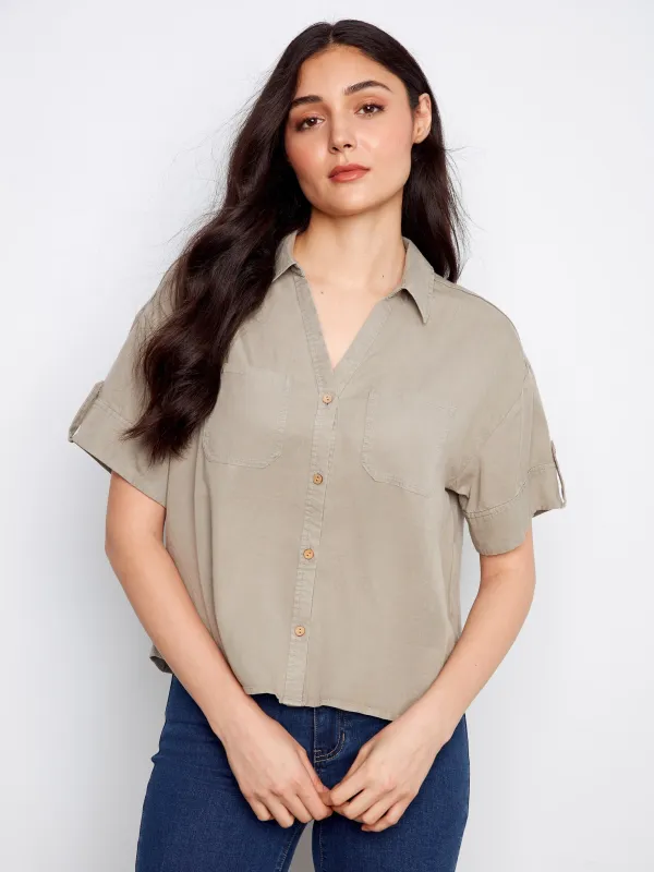 Short Sleeve Button-Front Tencel Shirt - Sage made by Charlie B