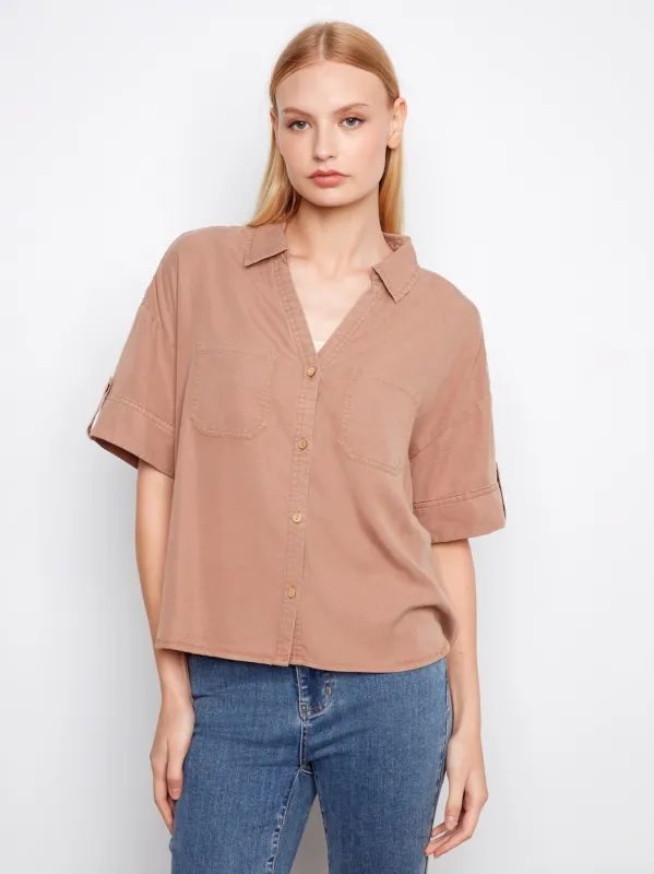 Short Sleeve Button-Front Tencel Shirt - Desert made by Charlie B